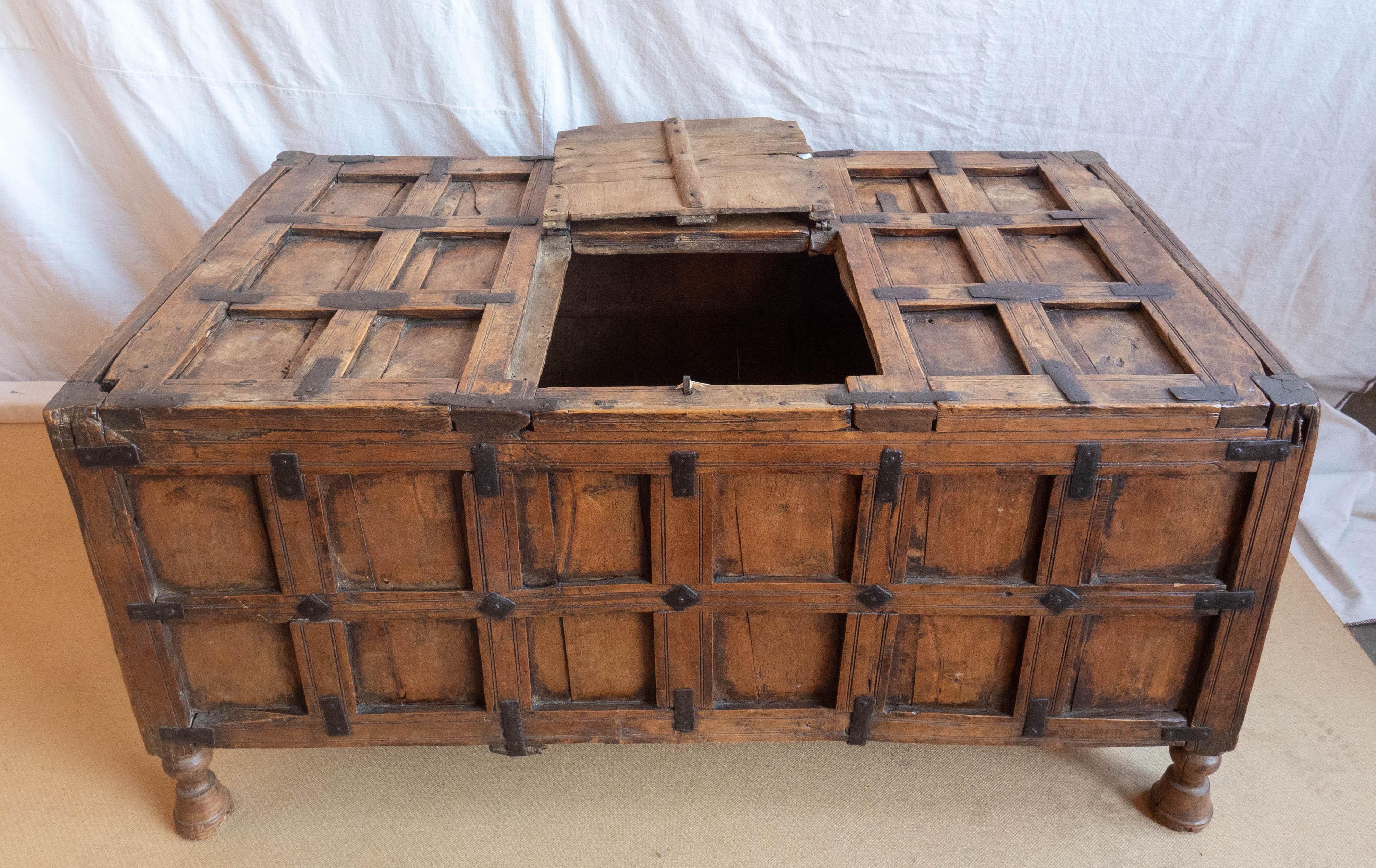 Hand-Crafted Early 19th Century Paneled Fruitwood Coffer/Trunk with Iron Accents For Sale