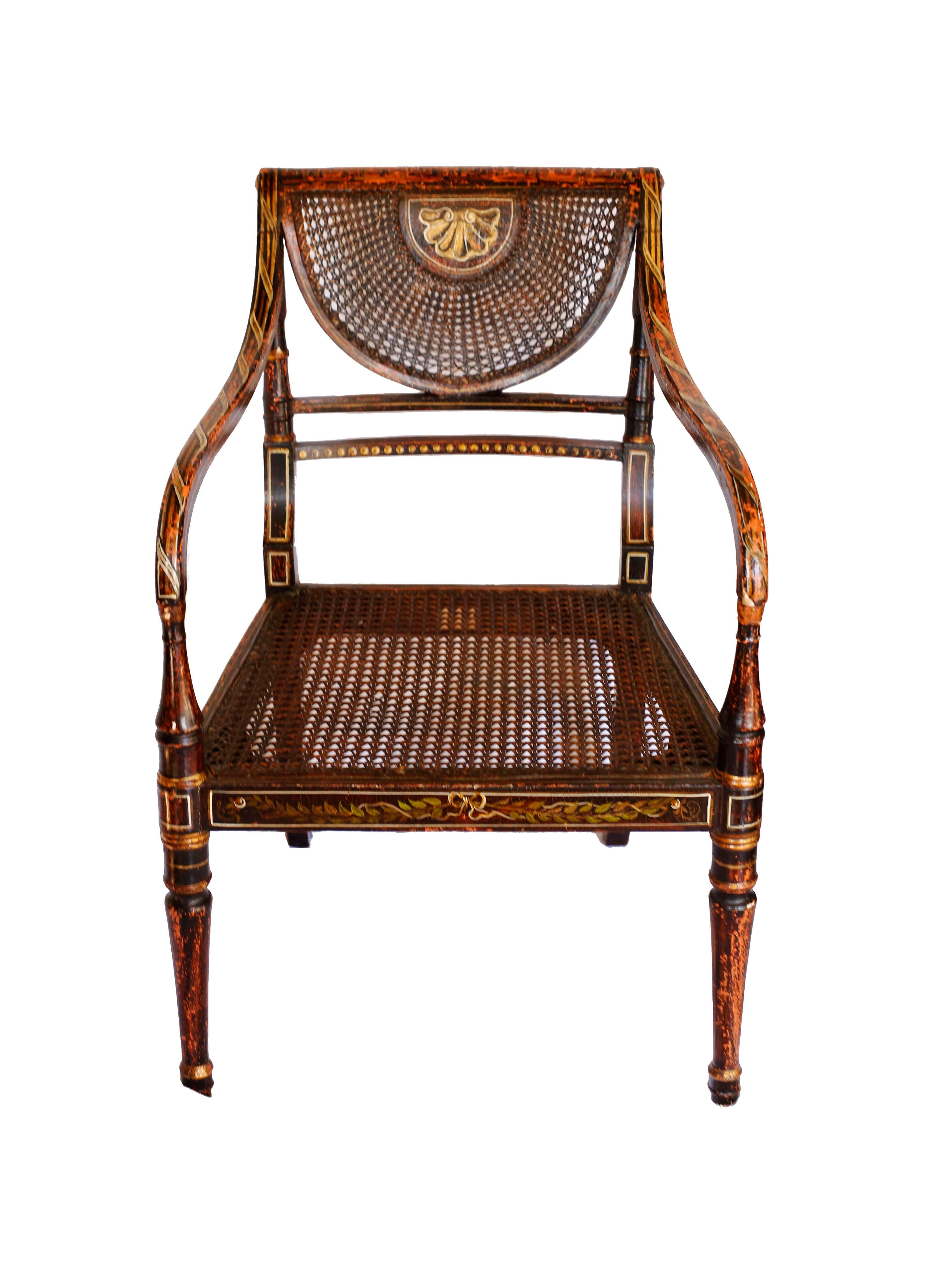 English Early 19th Century Parcel-Gilt Caned Armchair, after Angelica Kauffman