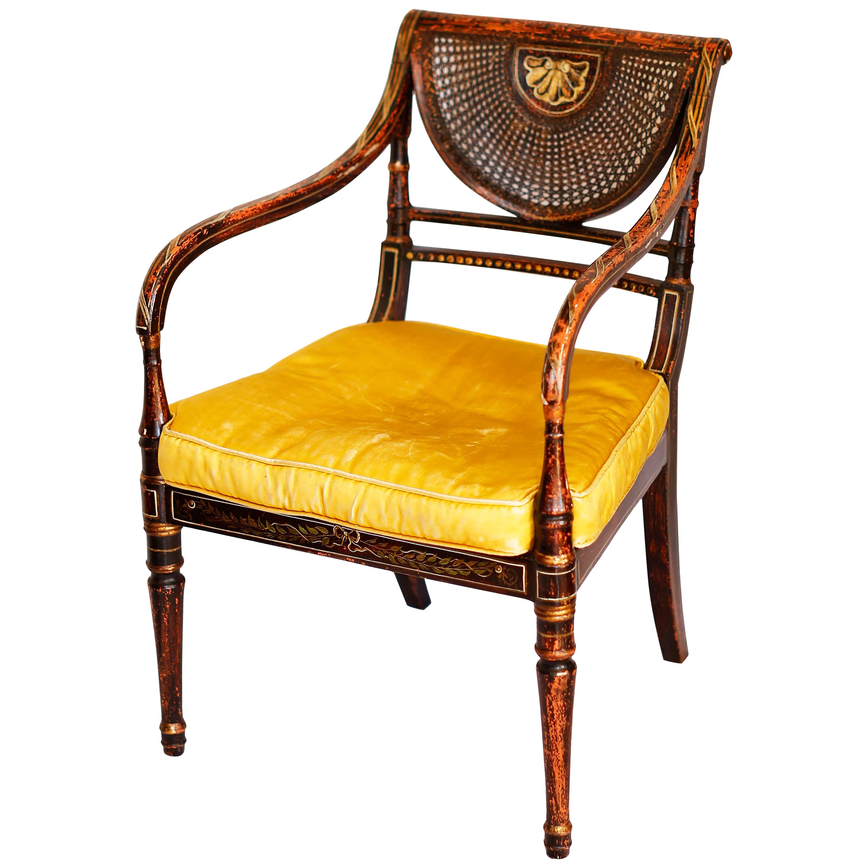 Early 19th Century Parcel-Gilt Caned Armchair, after Angelica Kauffman