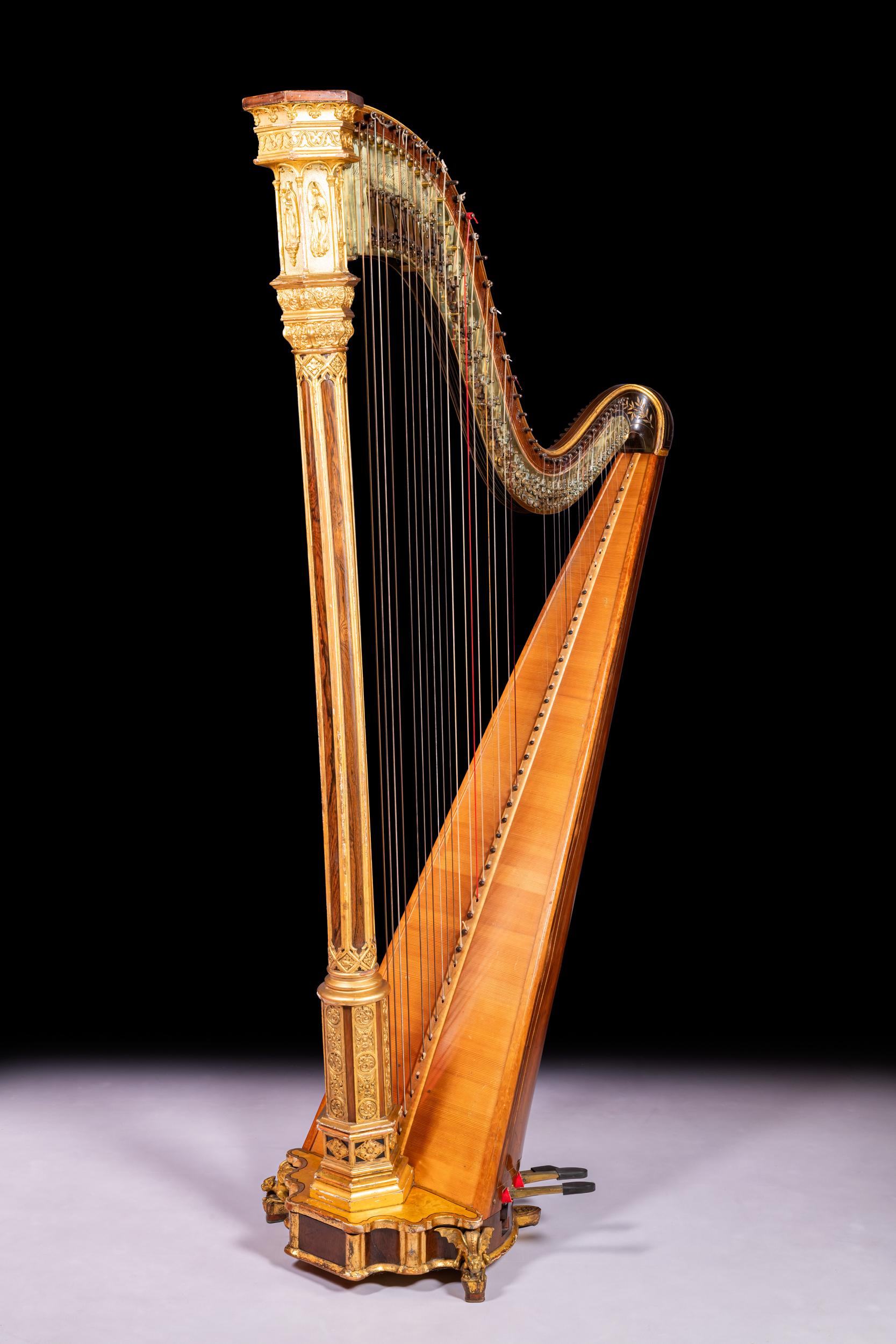 English Early 19th Century Parcel Gilt Gothic Revival Harp By Sebastian Erard For Sale