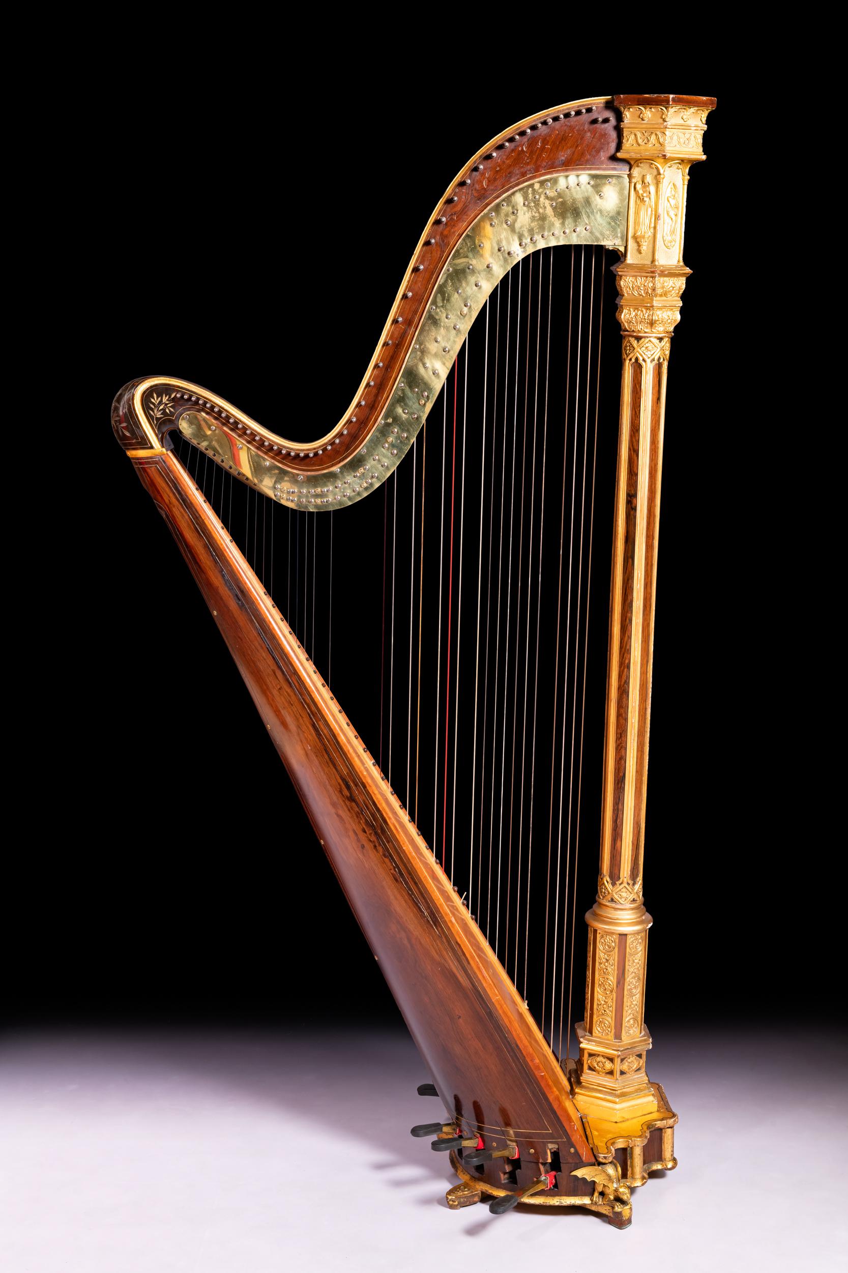 Parcel vergoldete Harfe im gotischen Stil des frühen 19. Jahrhunderts von Sebastian Erard (Messing) im Angebot