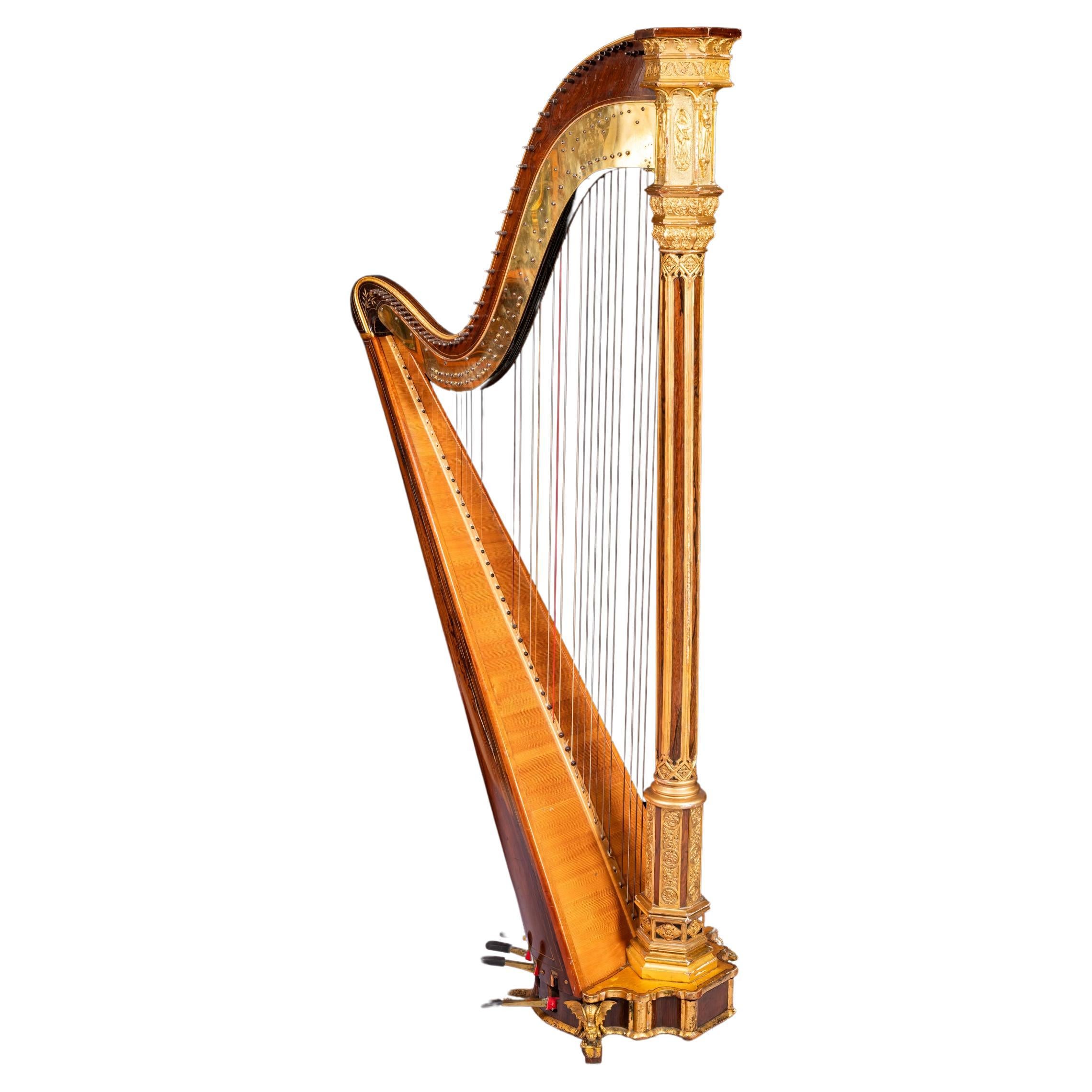 Harpe néo-gothique dorée du début du 19ème siècle par Sebastian Erard