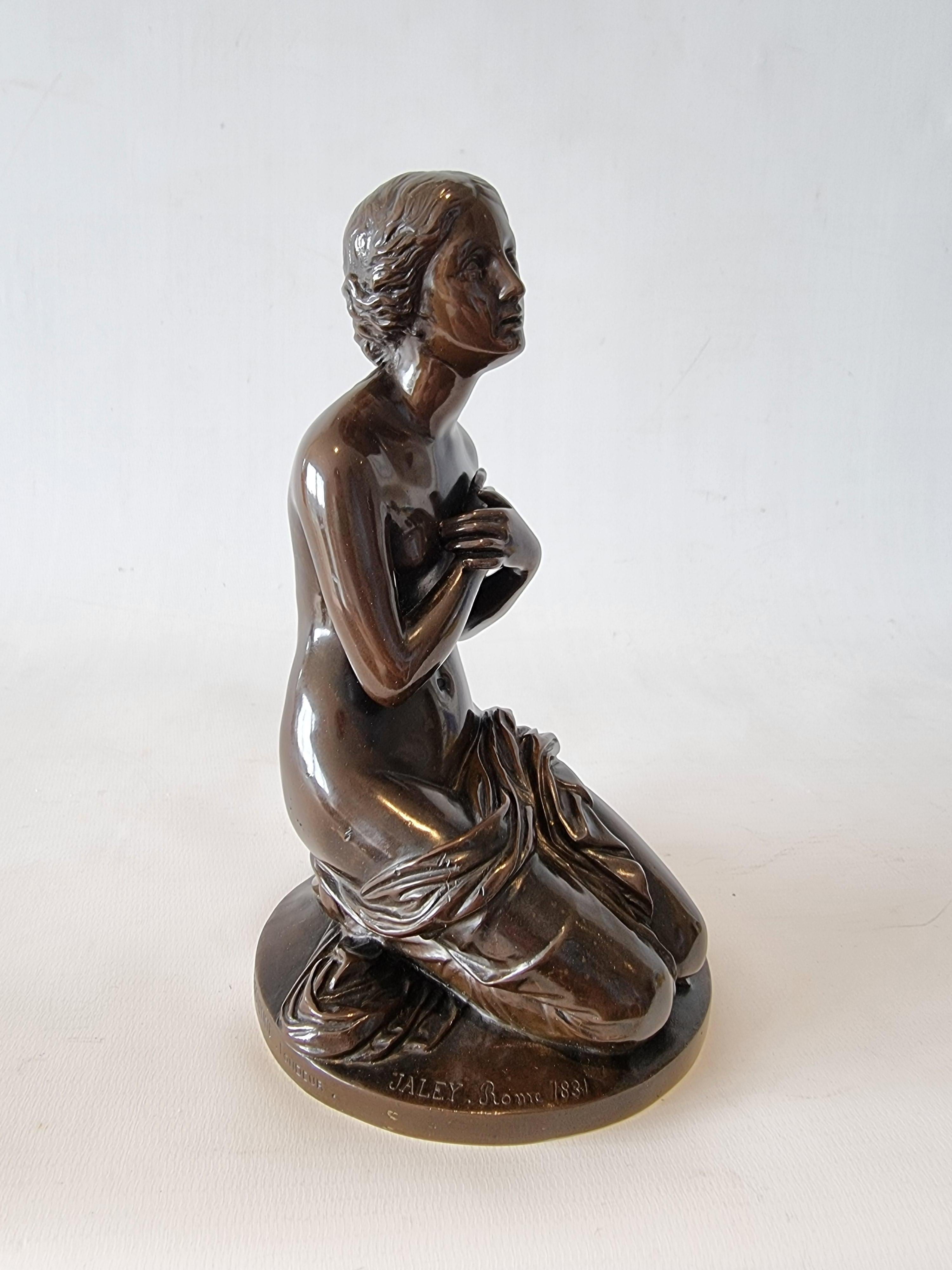 A fine 19th century patinated bronze sculptured titled 'La Priere' or 'the prayer' signed for Jean-Louis Nicholas Jaley, and dated 1831. It is also fully signed by the famous fondeur barbedienne on the moulding of the base 