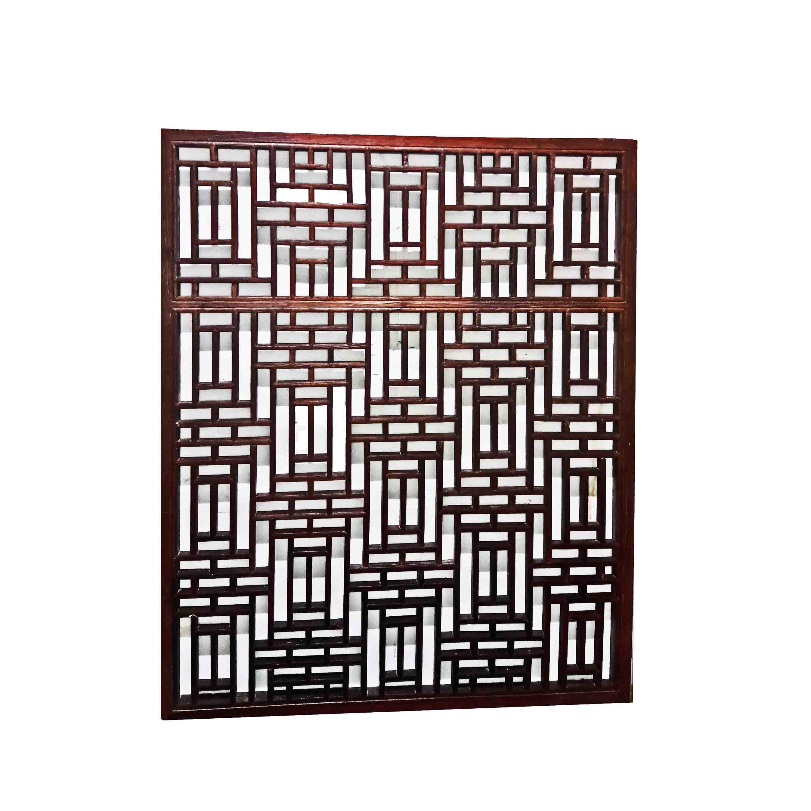 A large window screen with geometric design, from Sianxi, China, early 19th Century. Solid peachwood construction, dark brown finish. Two available.