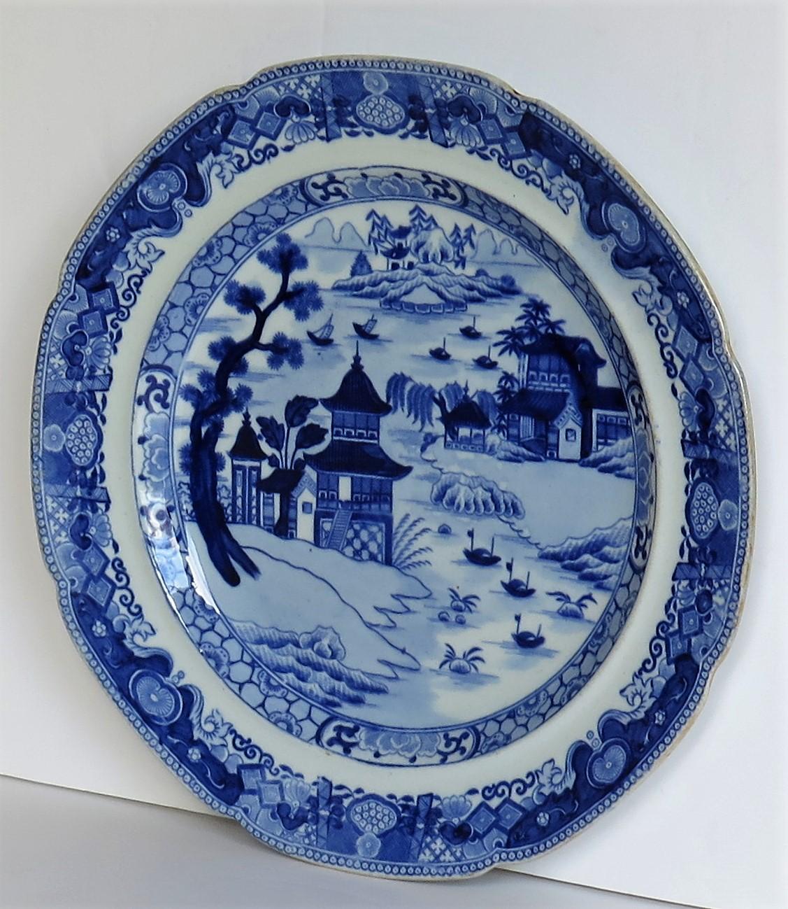 Chinoiserie Early 19th Century Pearlware Dinner Plate Blue and White, Staffordshire For Sale