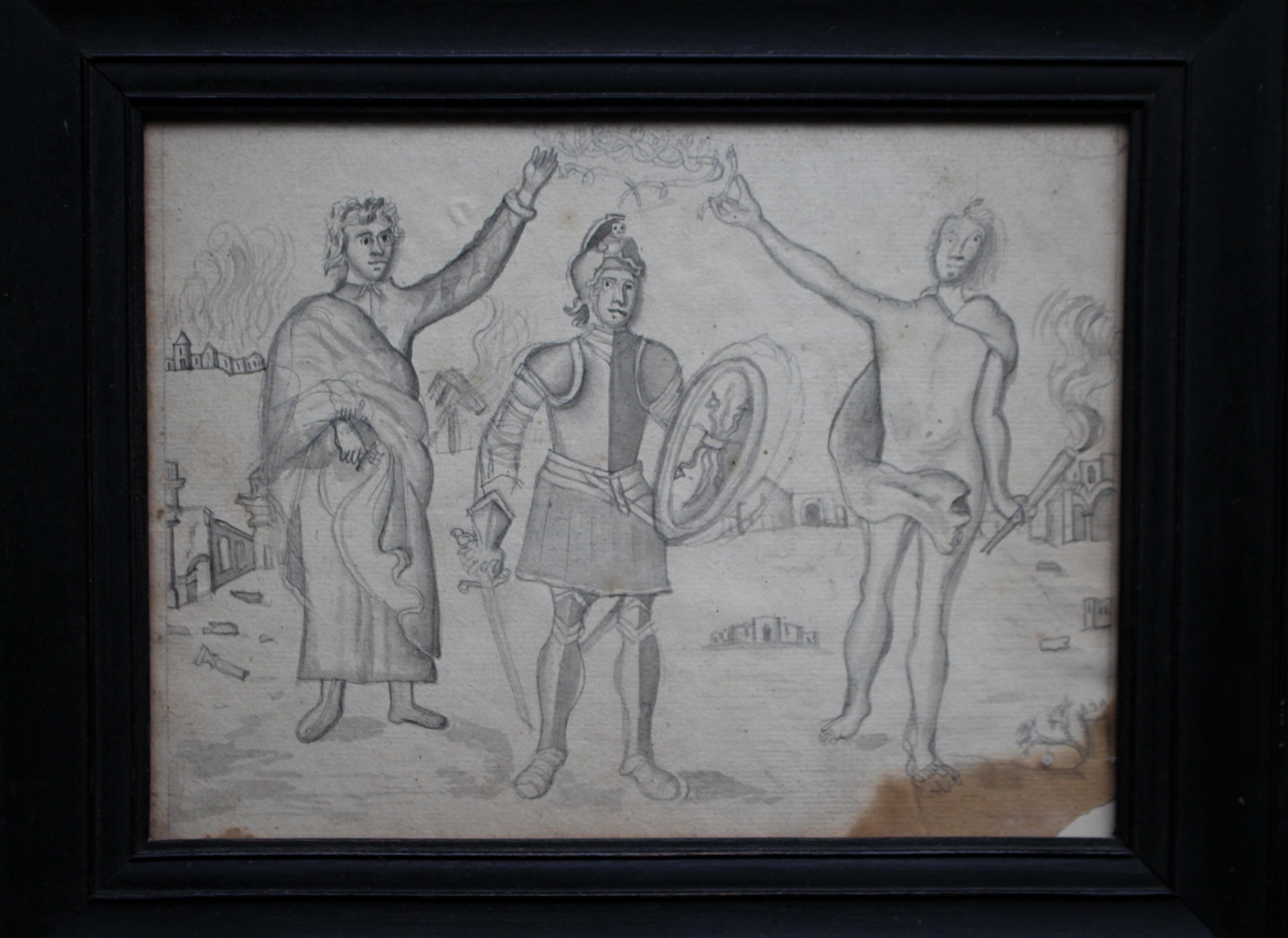 Boceto a lápiz de principios del siglo XIX, Guerrero y Divinos Gran Recorrido Medieval en Bueno estado para la venta en Lowestoft, GB