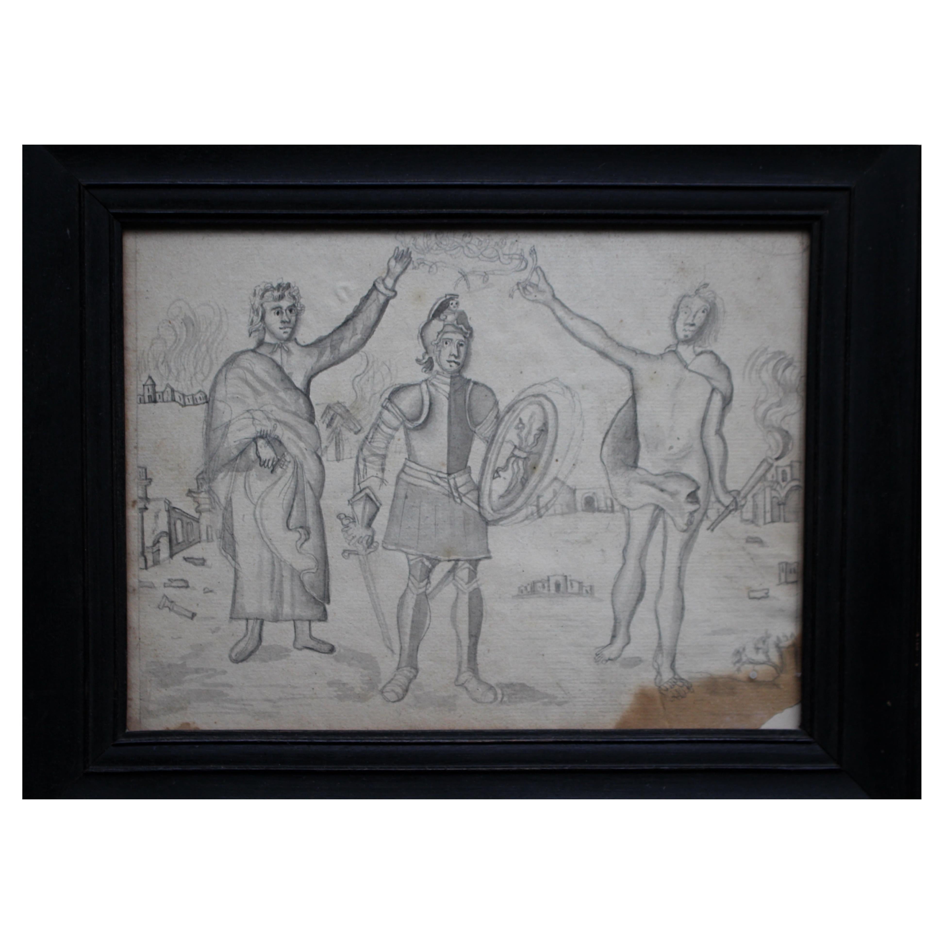 Early 19th Century Pencil Sketch, Warrior & Divines Medieval Grand Tour