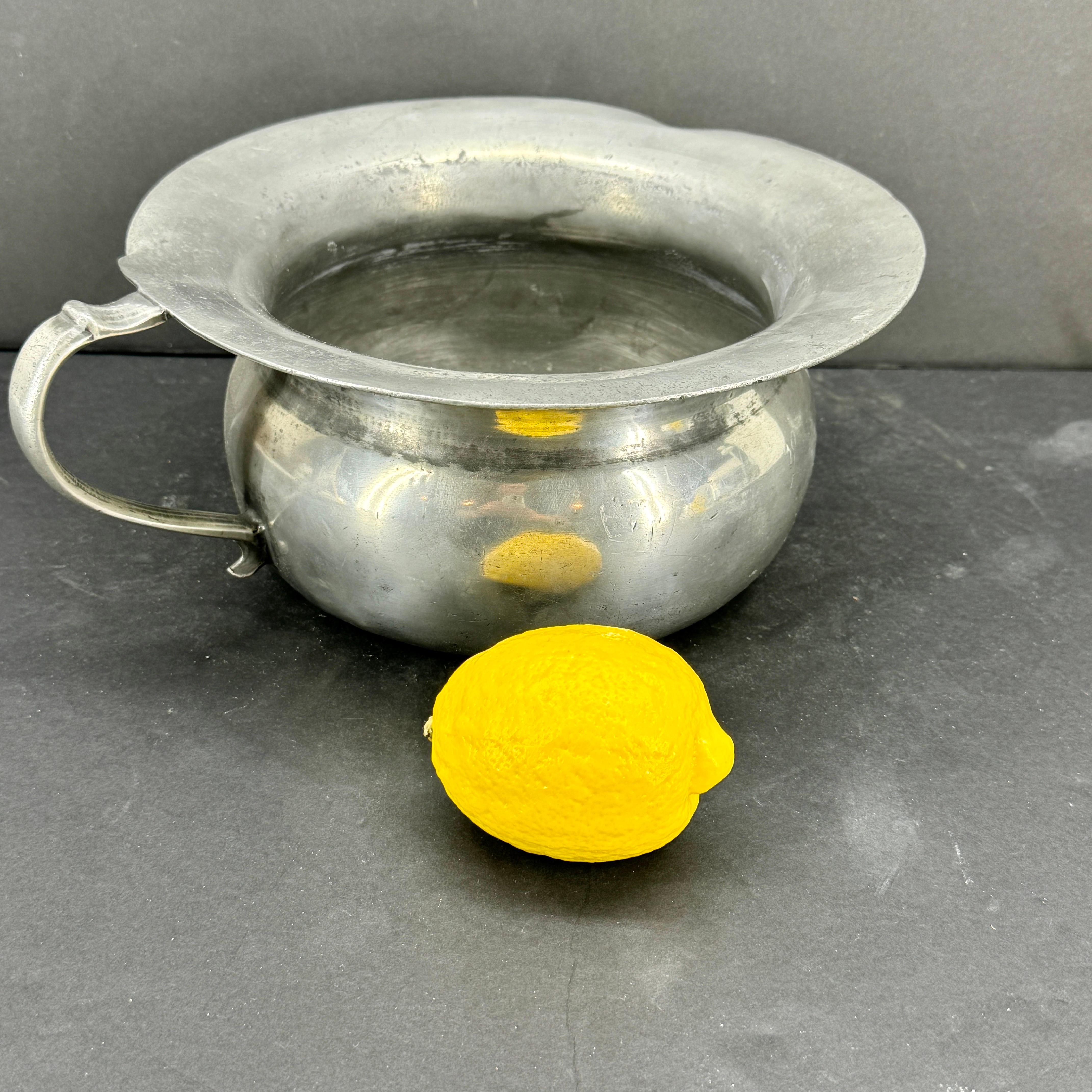 Charming Danish Pewter Bowl or Planter With Handle and Makers Mark Circa 1800. This handmade piece would look wonderful sitting on a window sill holding your favorite plant or a focal point on a center hall table. This bowl would be a wonderful