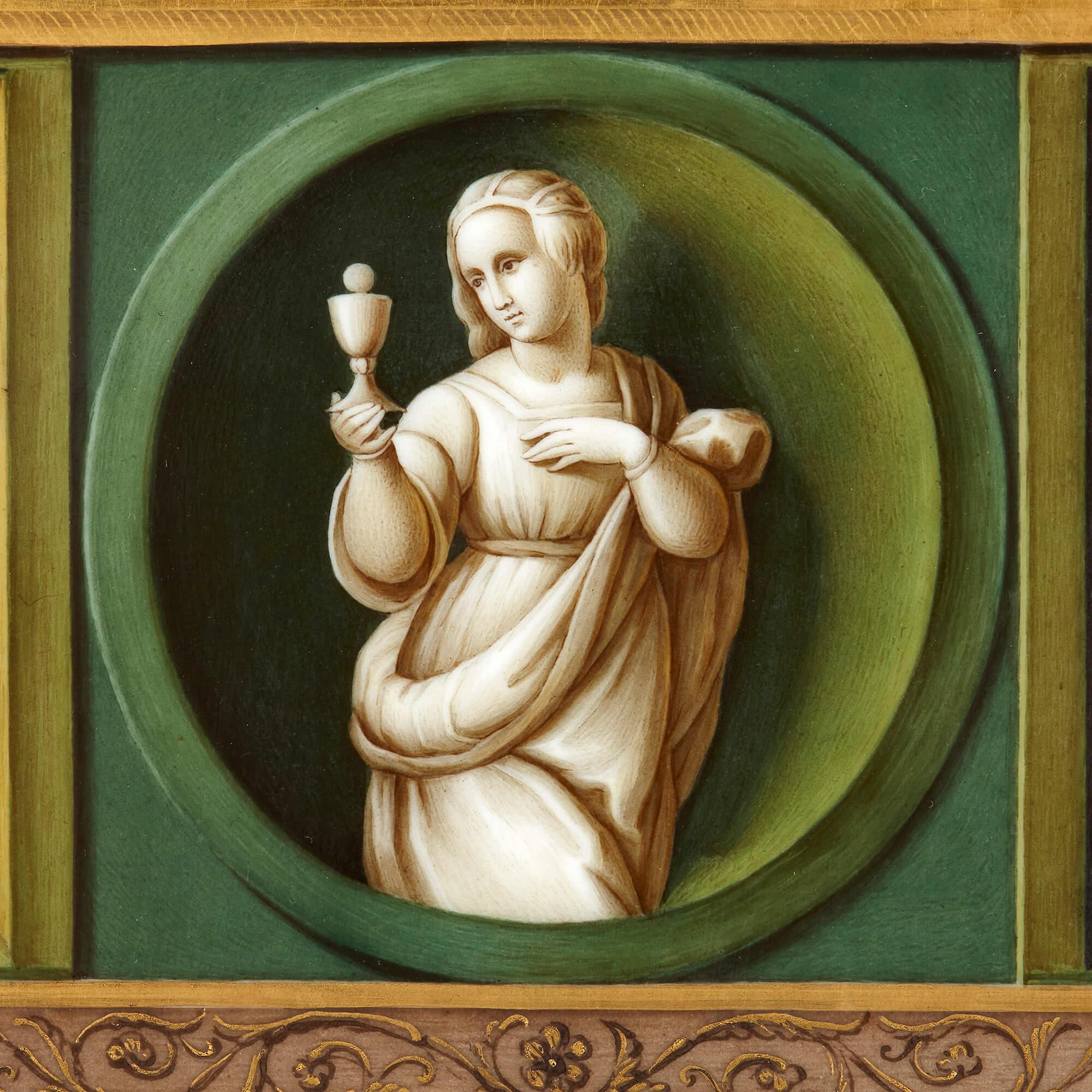 This fine porcelain plaque is decorated after part of a famous work by the Italian Renaissance artist Raphael (1483-1520). The original work, an alterpiece known as the 'Pala Baglioni', was commissioned by Florentine noblewoman Atalanta