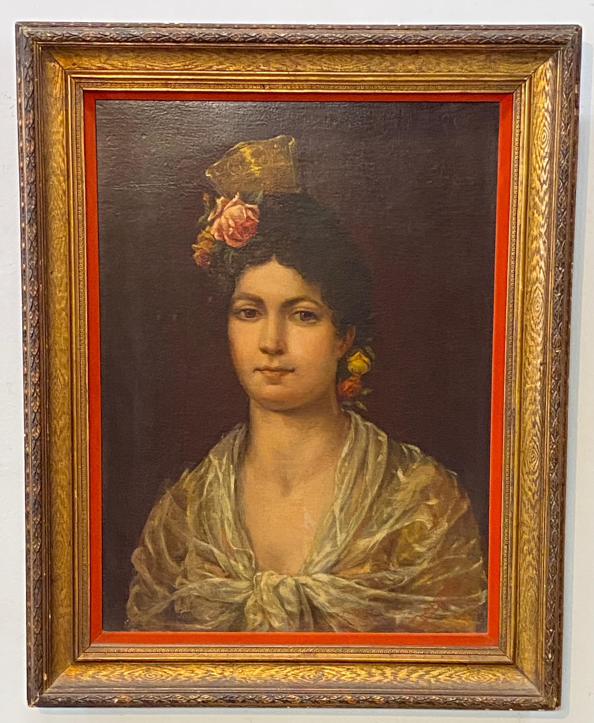 Portrait magnifiquement peint d'une jeune femme espagnole. Signé en bas à droite, mais la signature est indistincte.
Huile sur toile (la toile a été re-lignée il y a quelque temps), le cadre doré est du début du 20ème siècle avec une doublure en