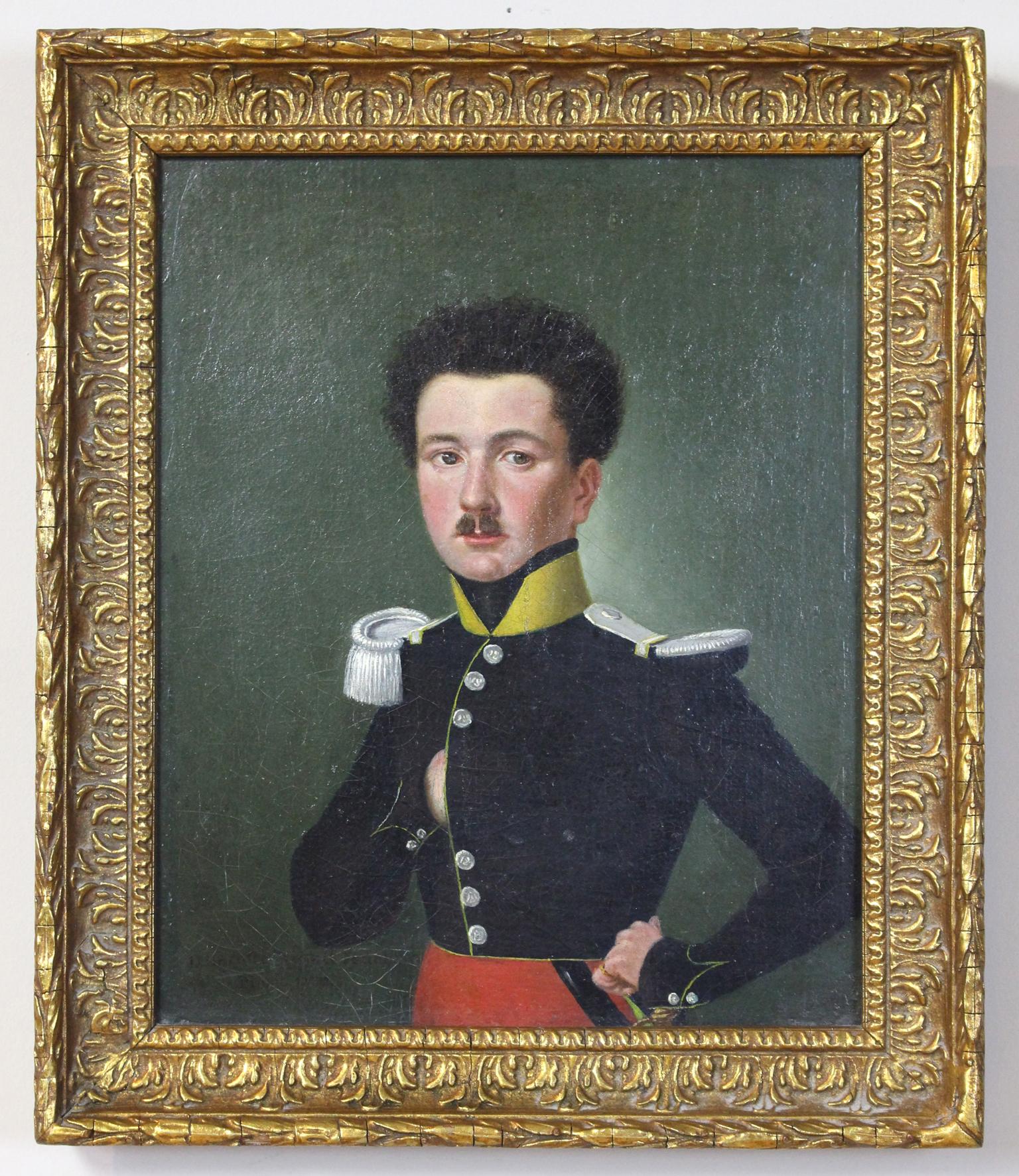 A small and charming early 19th century oil on canvas portrait of a French officer in old giltwood frame.