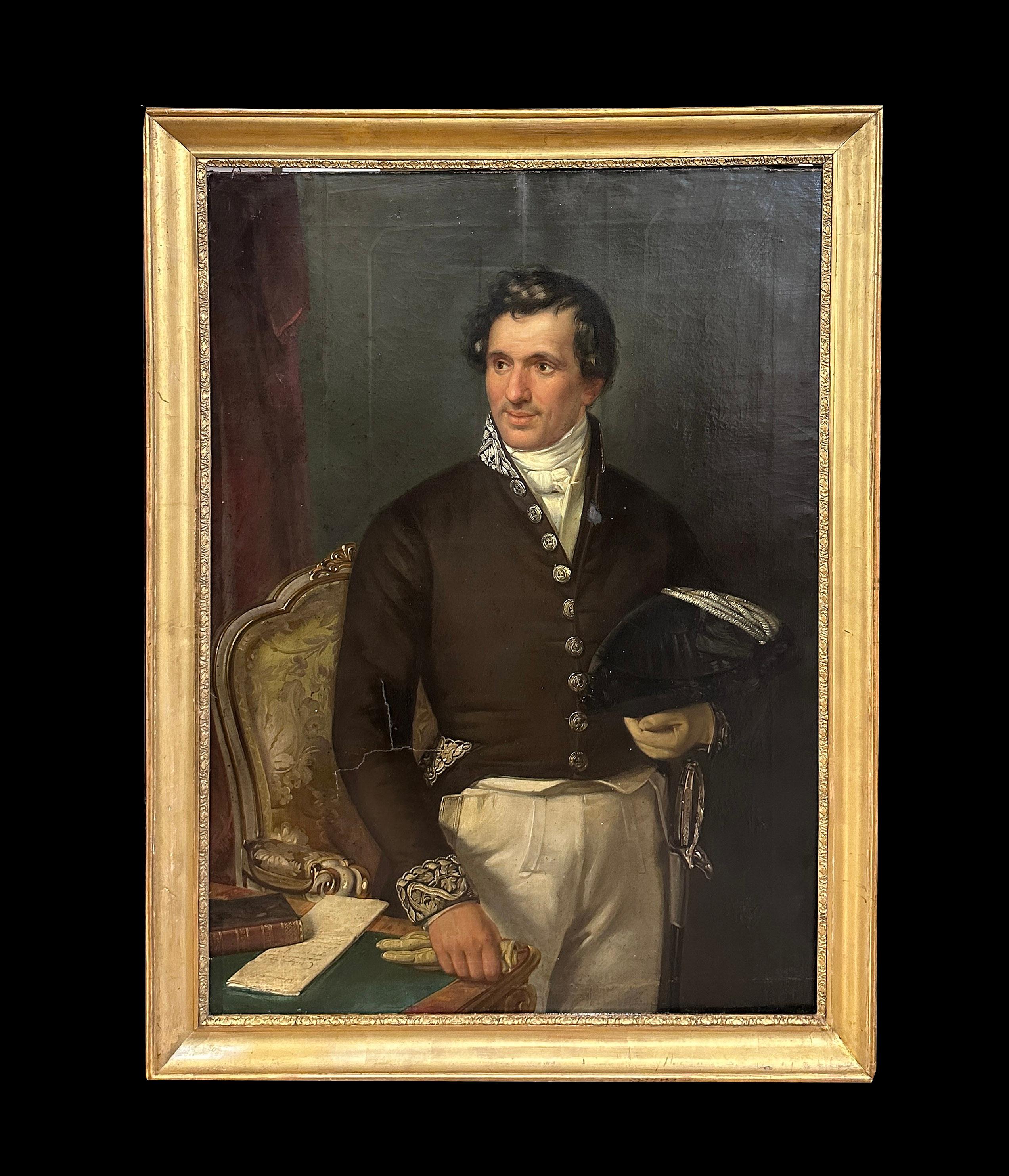 Prächtiges Ölporträt auf Leinwand eines Herrn in Uniform, identifiziert als Professor Moses Bosisio, Bürgermeister von Monza, der 1846 verstarb, wie auf einer Tafel auf der Rückseite des Gemäldes vermerkt. Die Familie Bosisio war eine der