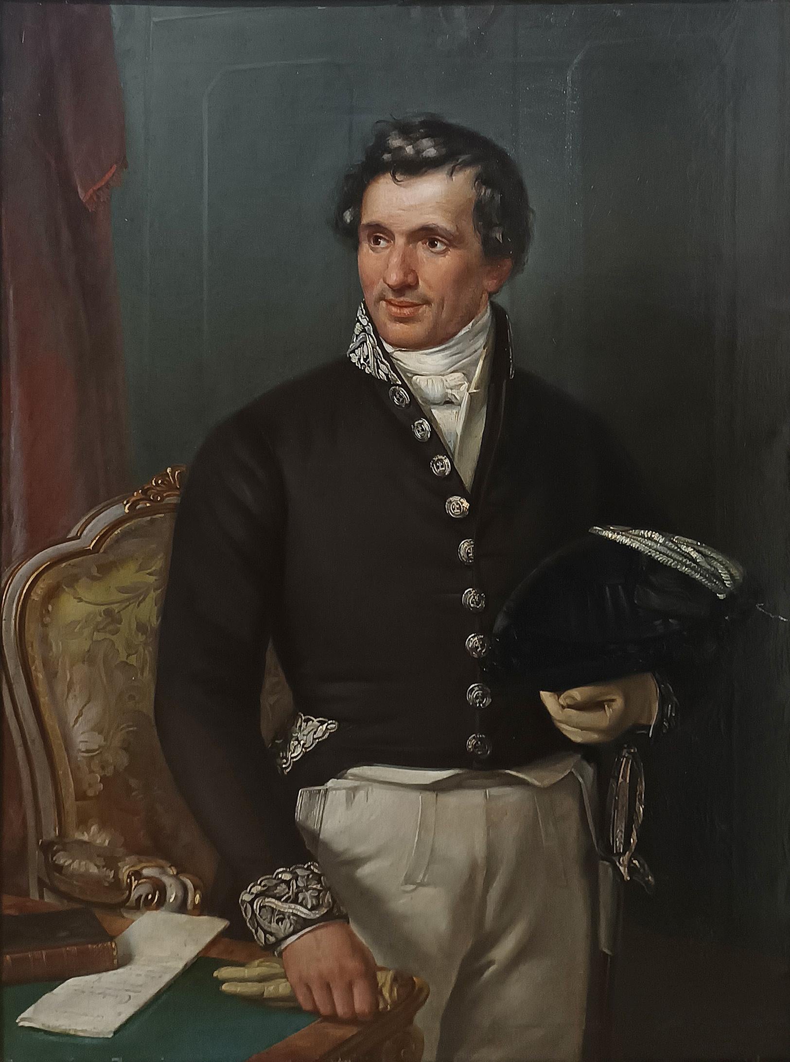 Splendid oil portrait on canvas of a gentleman in uniform, identified as Professor Moses Bosisio, mayor of Monza, who died in 1846, as reported on a plaque on the back of the painting. The Bosisio family was one of the most important and noble in