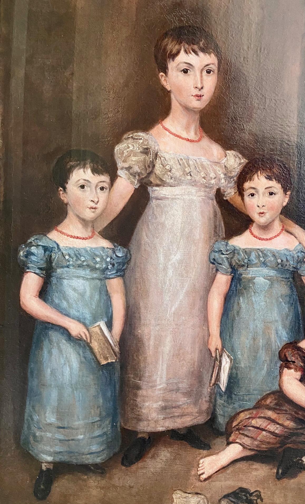 Frühes 19. Jahrhundert Porträt der Zwillinge der Familie Marsh, von  Thomas Arrowsmith (Englisch: 1772 - 1834), um 1830, ein Gruppenporträt in Öl auf Leinwand der berühmten fünf Kinder der Bostoner Familie Marsh. Die beiden Zwillingsmädchen und ihr