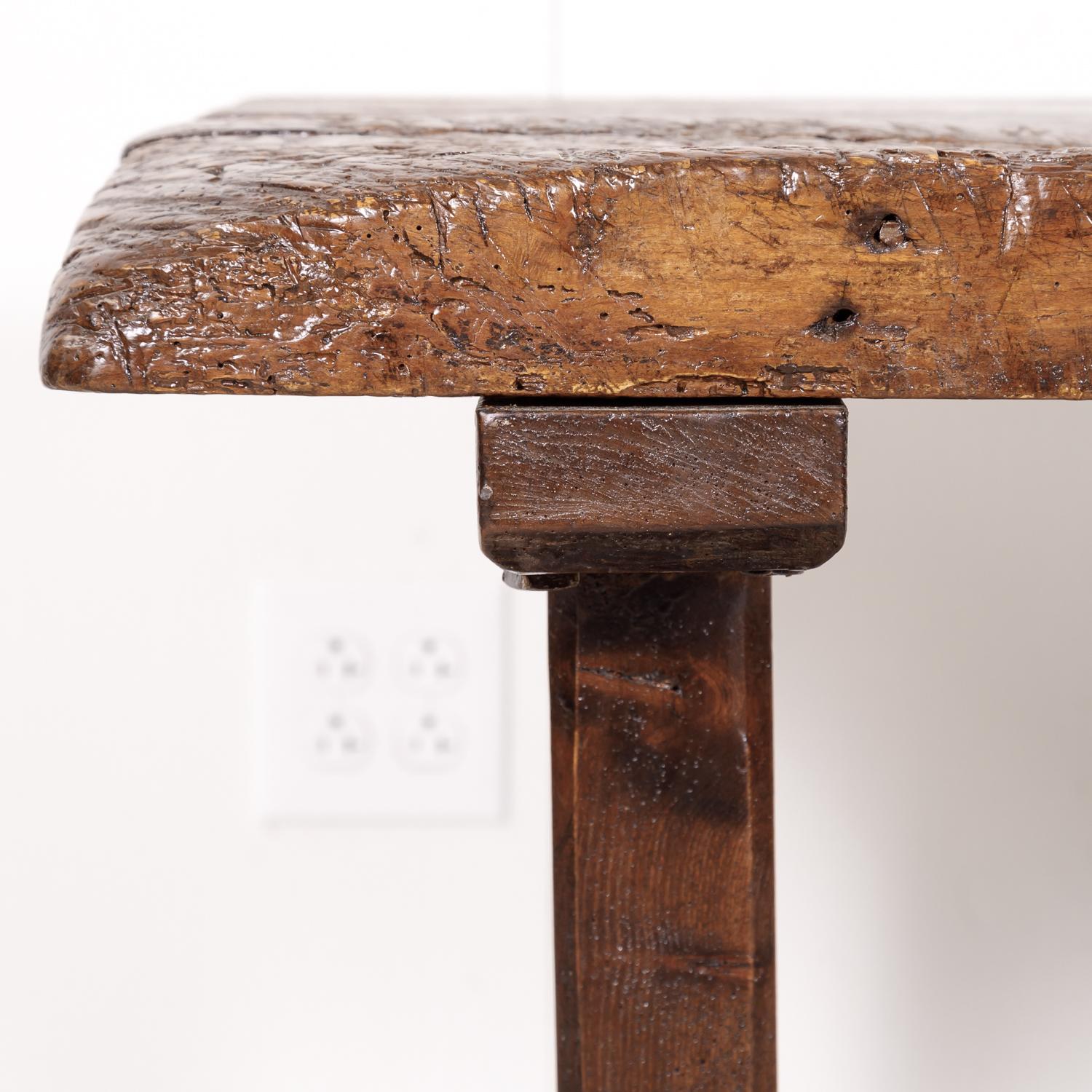 Early 19th Century Primitive Oak Trestle Base Etabli or Side Table In Good Condition In Birmingham, AL