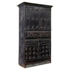 Antique Early 19th century Pyrenean folk art oak and chestnut carved cupboard