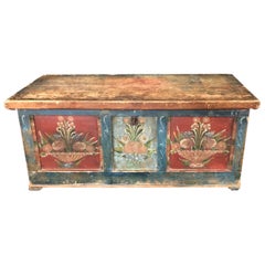 Antique Early 19th Century Rare and Vibrant Hand Painted European Trunk