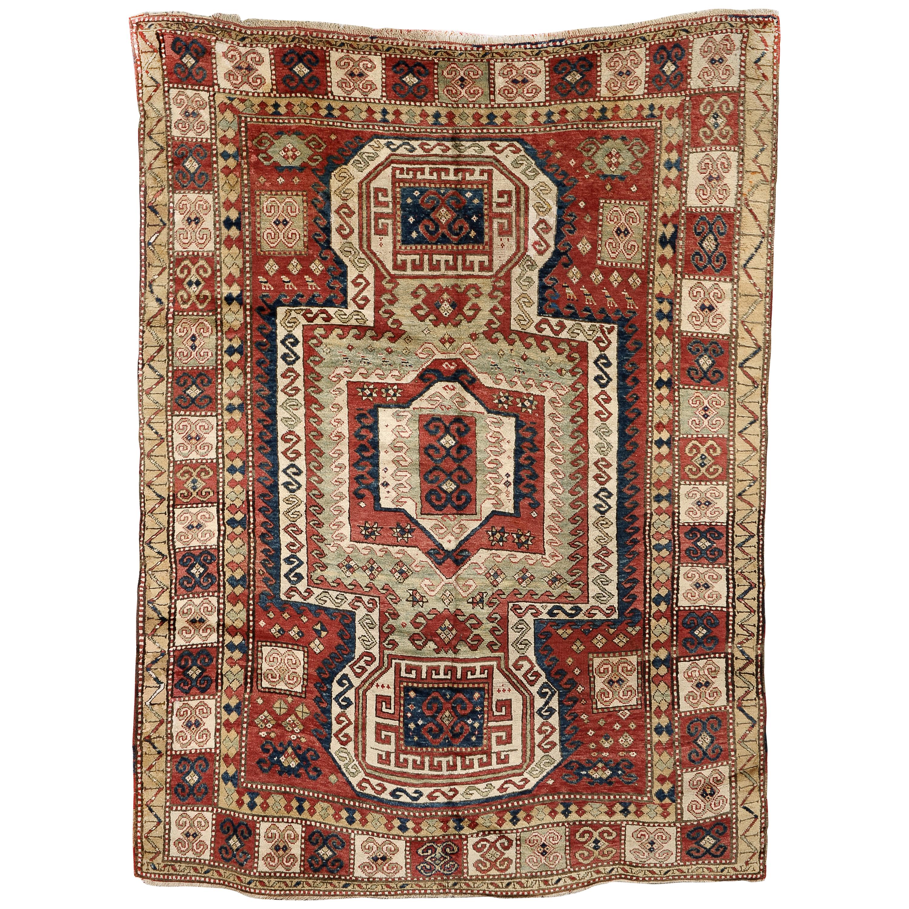 Early 19th Century, Red Field, Ivory, Blue and Green, Caucasian Sevan Kazak Rug For Sale