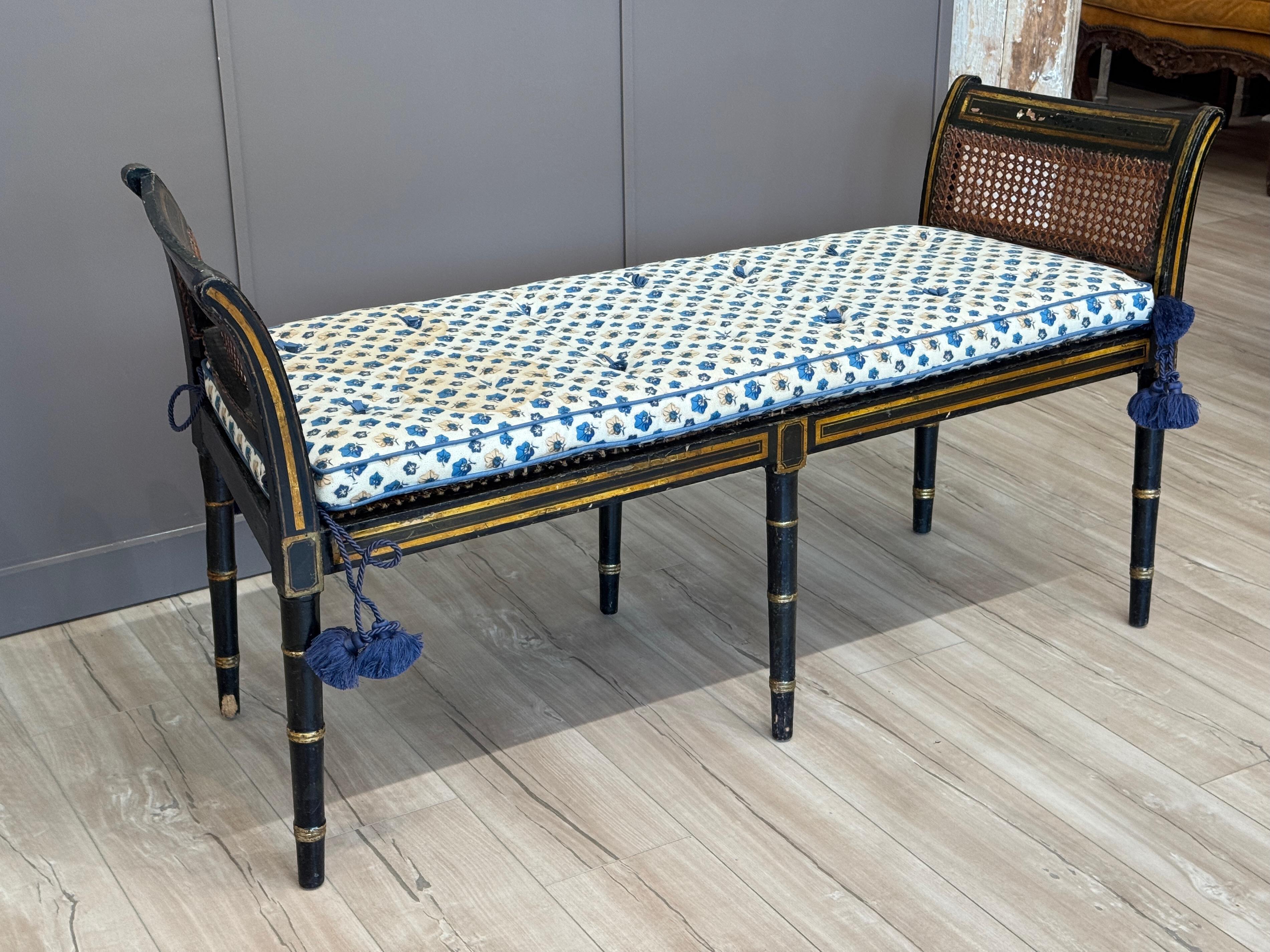 British Early 19th Century Regency Black and Gold Painted Window Bench For Sale