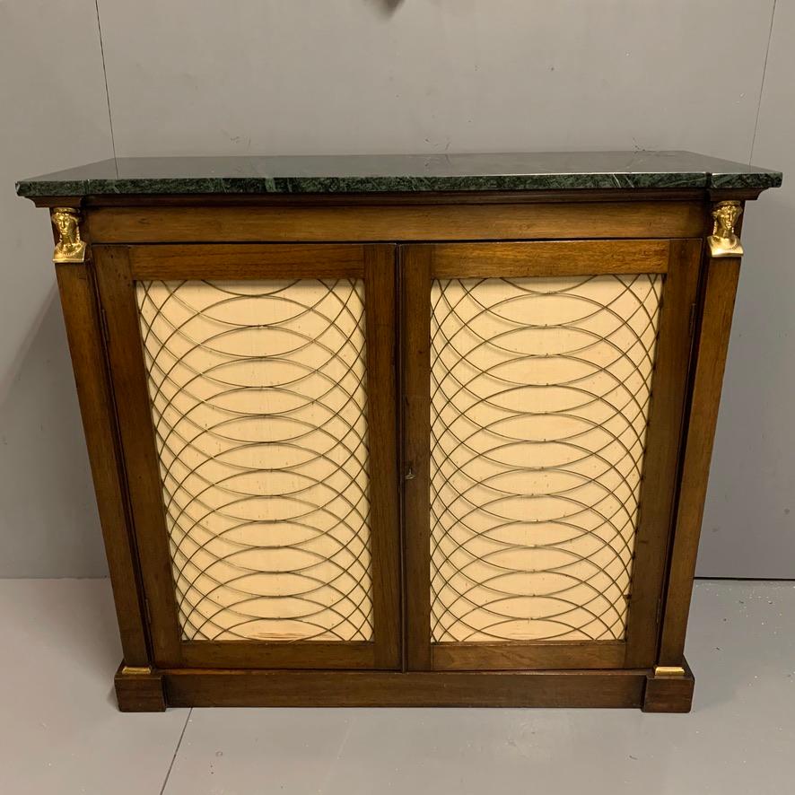 English Early 19th Century Regency pier cabinet with Brass Sphinx Heads and Marble Top For Sale