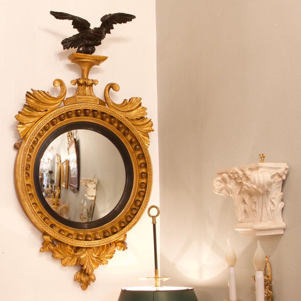 Early 19th Century Regency Eagle Round Gilt and Ebonized Wood Convex Wall Mirror 1