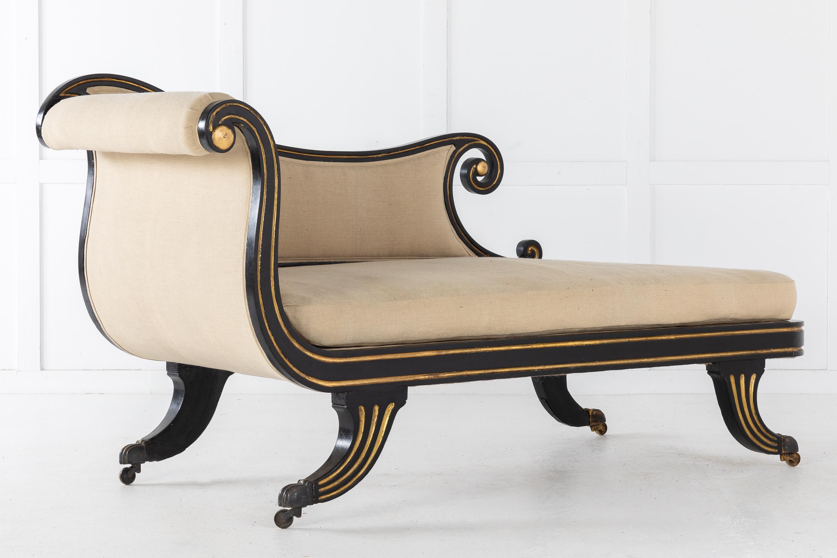 Upholstery Early 19th Century Regency Ebonized and Gilt Chaise Longue