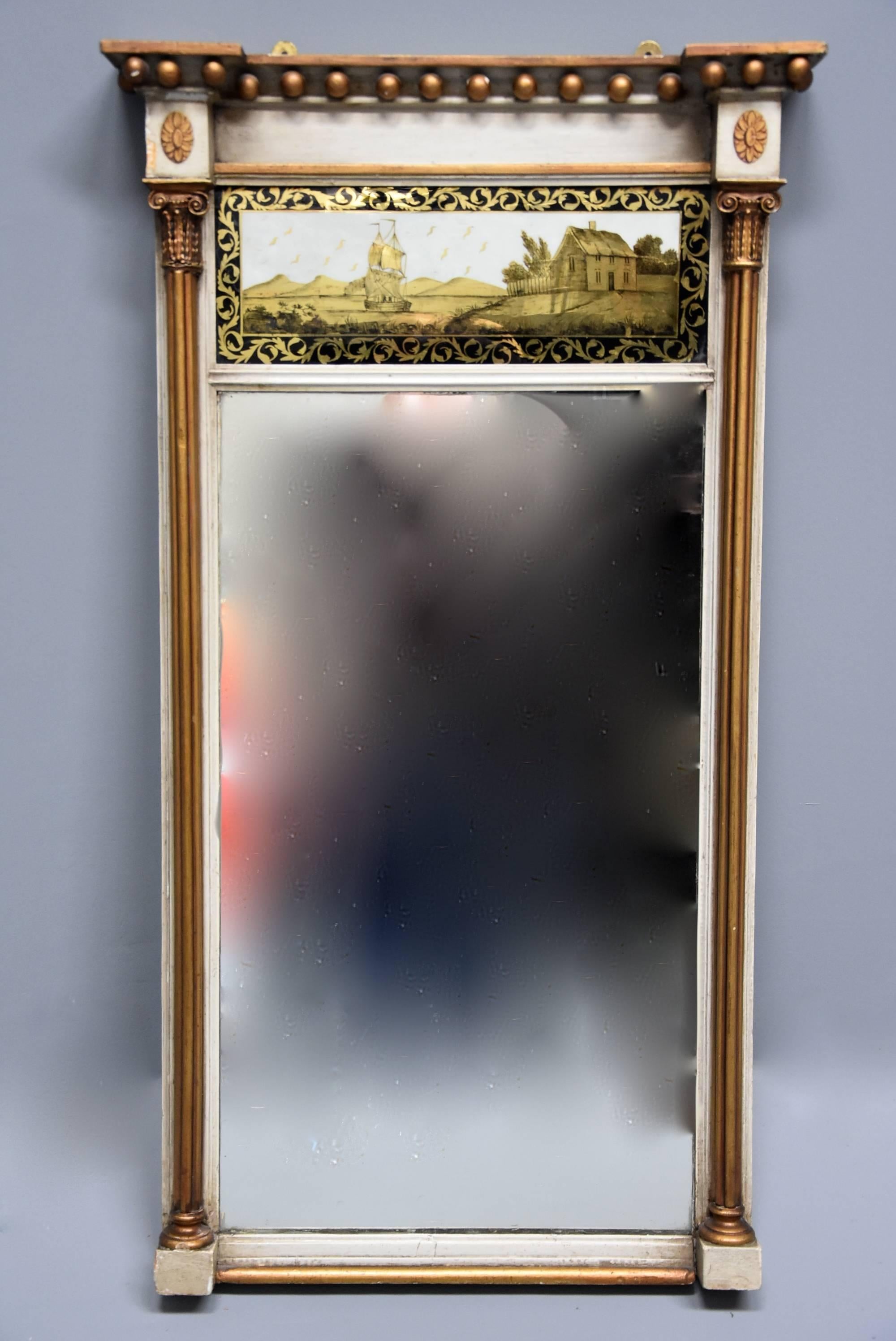 English Early 19th Century Regency Églomisé, Gilt and Painted Pier Mirror