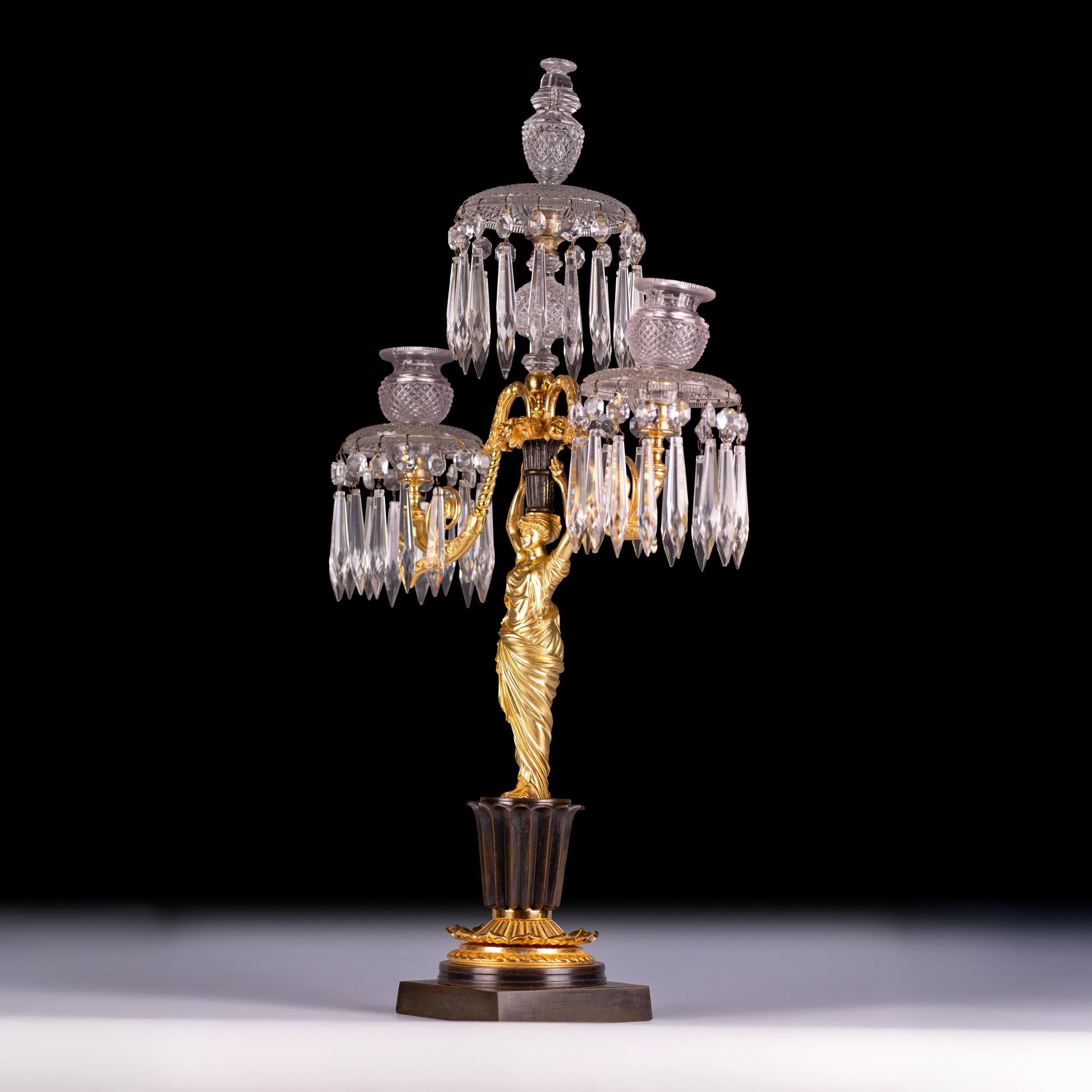 Neoclassical Early 19th Century Regency Gilt Bronze and Cut Glass Three-Light Candelabrum For Sale