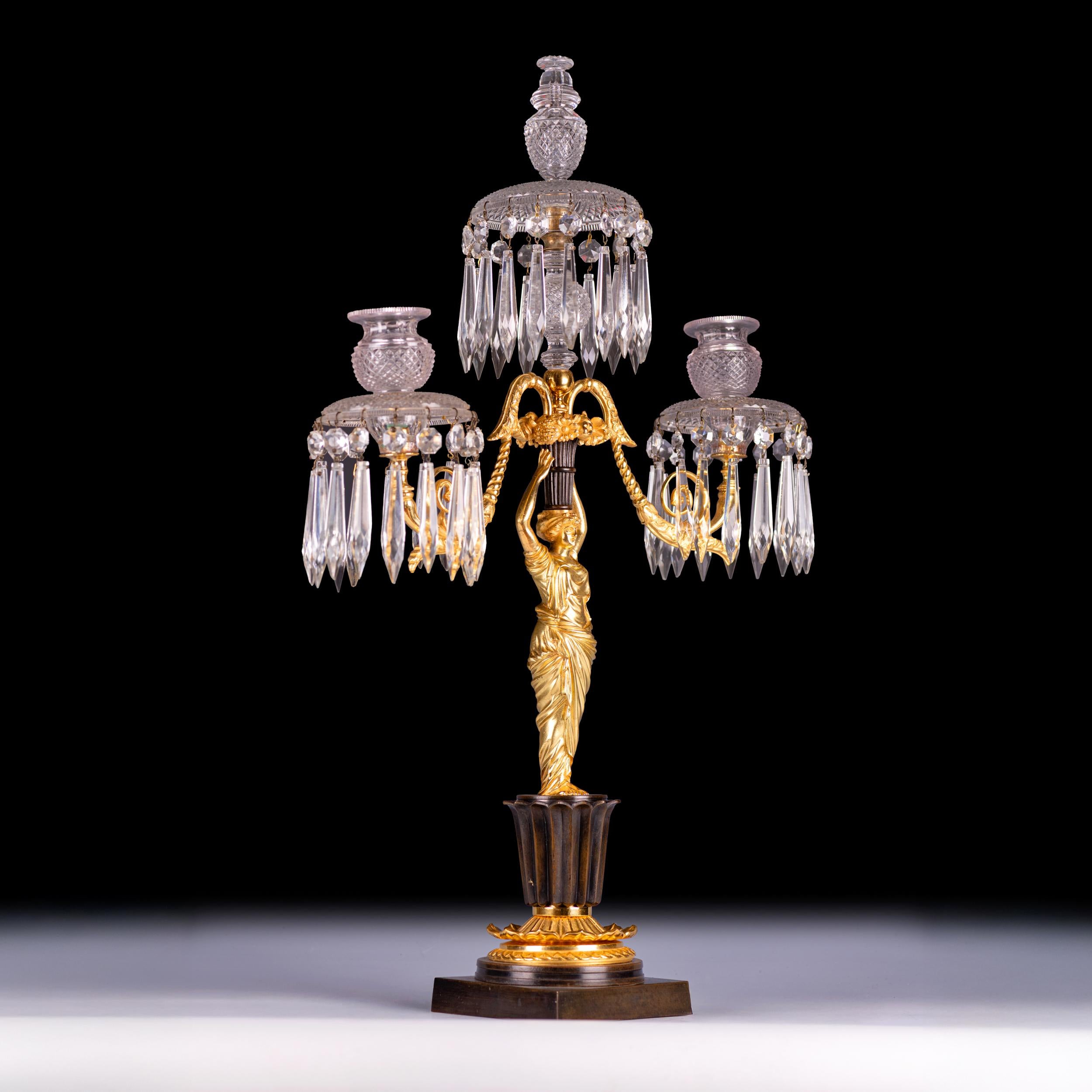 French Early 19th Century Regency Gilt Bronze and Cut Glass Three-Light Candelabrum For Sale
