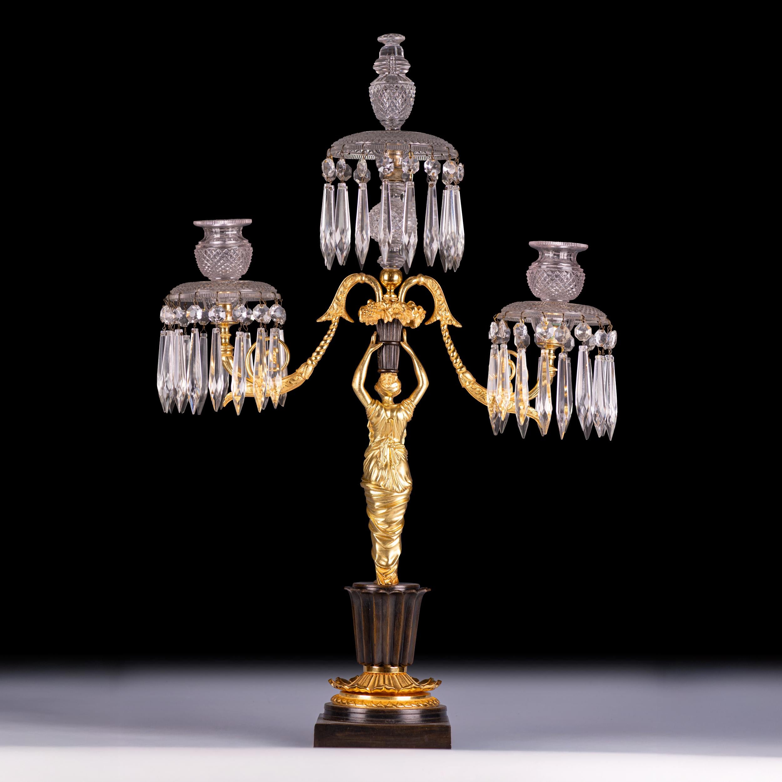 Early 19th Century Regency Gilt Bronze and Cut Glass Three-Light Candelabrum In Excellent Condition For Sale In Dublin, IE