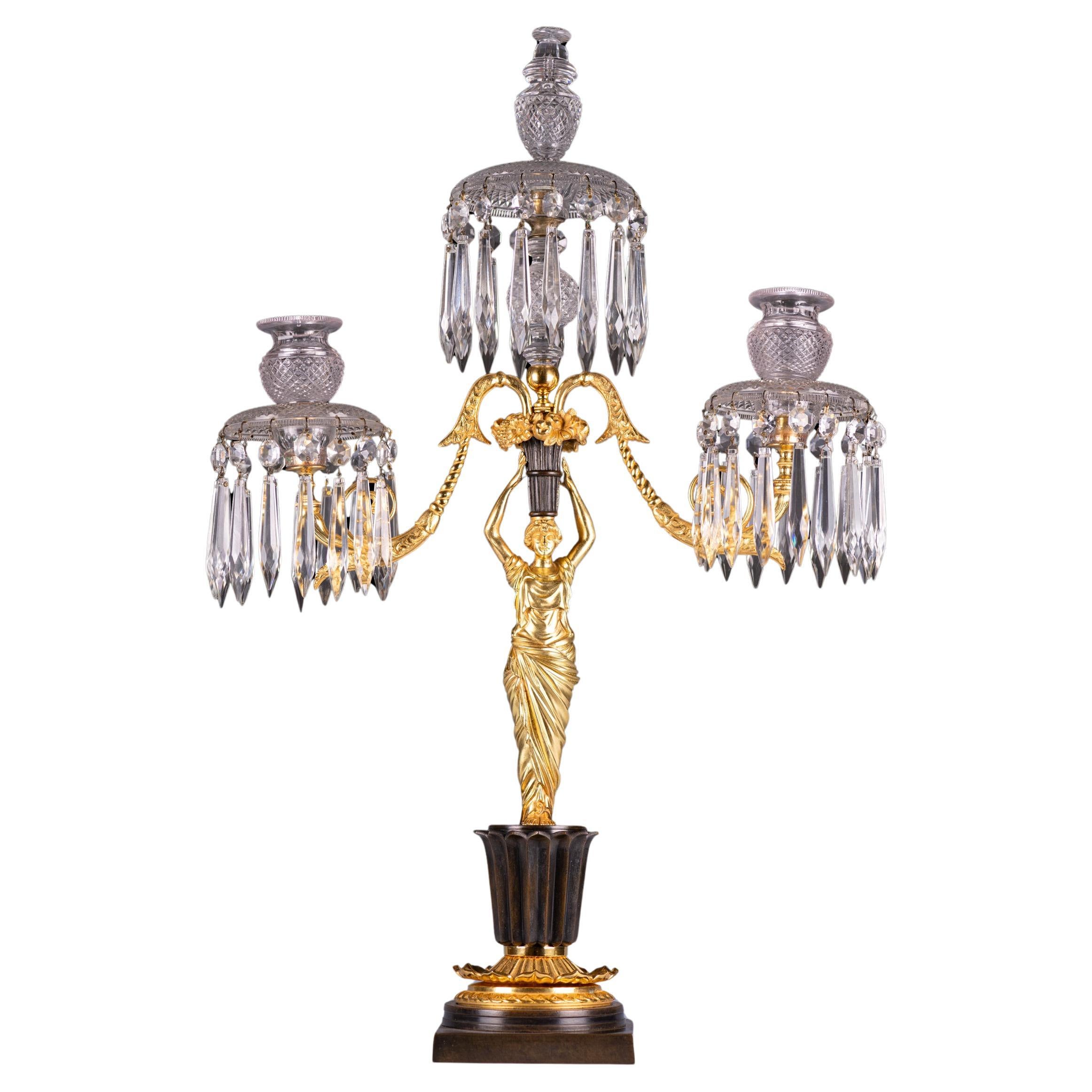 Early 19th Century Regency Gilt Bronze and Cut Glass Three-Light Candelabrum For Sale