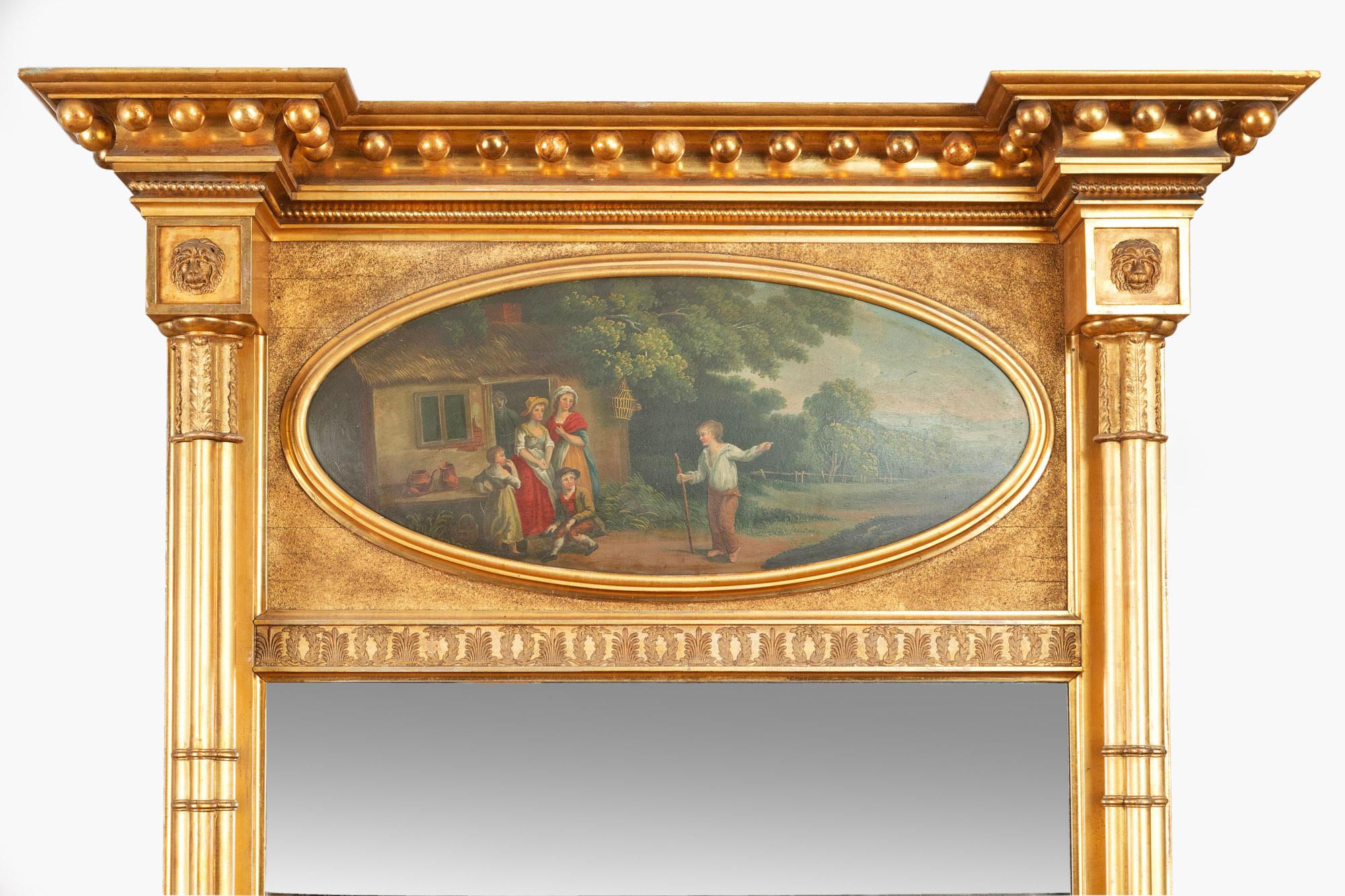 36K
Early 19th century Regency giltwood trumeau pier mirror, the overhanging broken pediment stepped cornice with ball decoration and rope twist detail raised over sanded frieze with moulded cartouche of oval form encasing an oil painting depicting