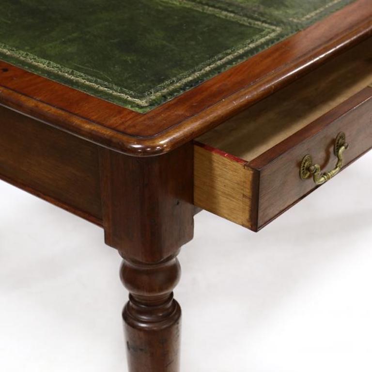 Early Regency or Late George III mahogany partner's writing desk

Circa 1800, oak secondary, rectangular form, top with inset green leather and rounded edge, the case with two cock beaded drawers to the front and back, raised on bold ring turned