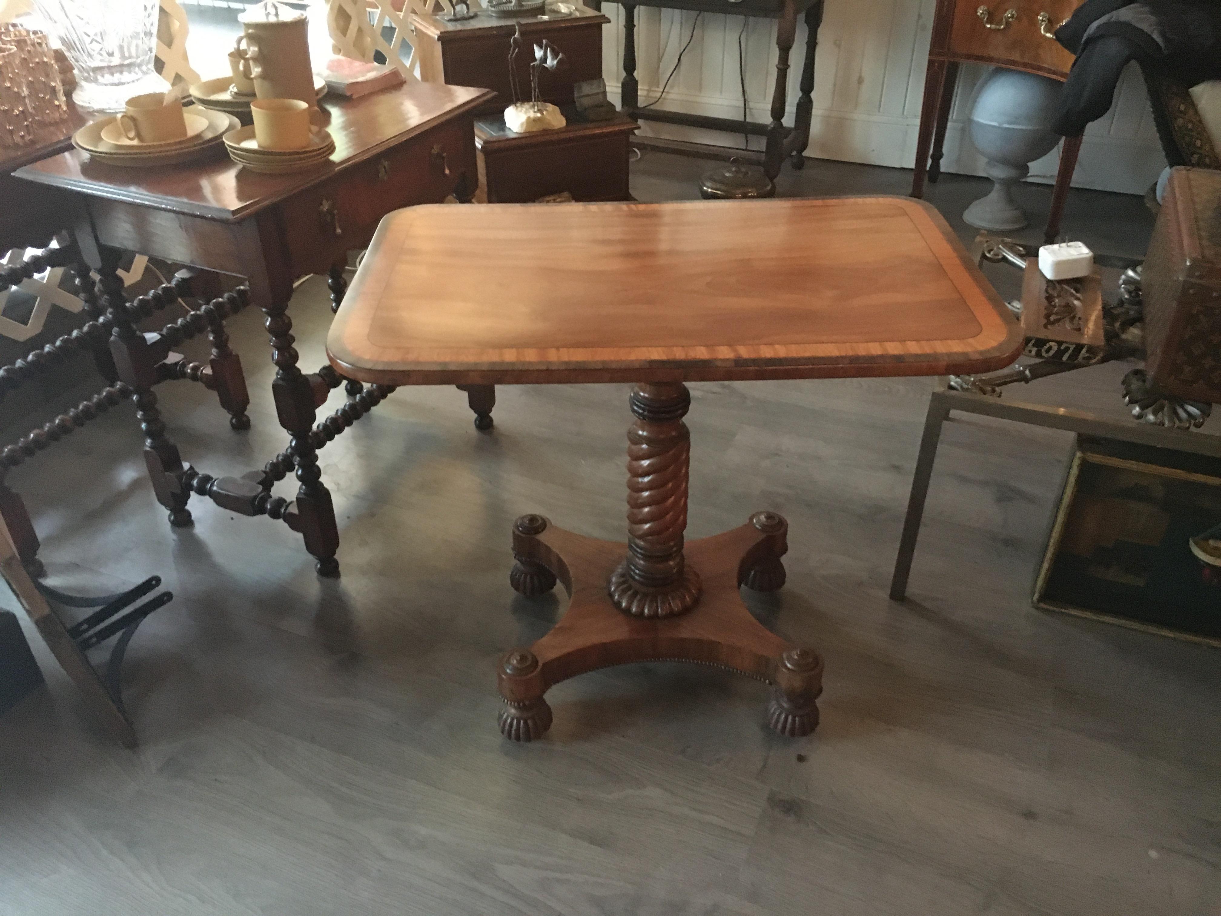 Early 19th century Regency mahogany table with rosewood banding, great color and patina.