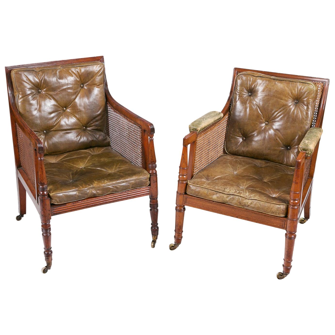 Early 19th Century Regency Matched Pair of Bergere Library Chairs