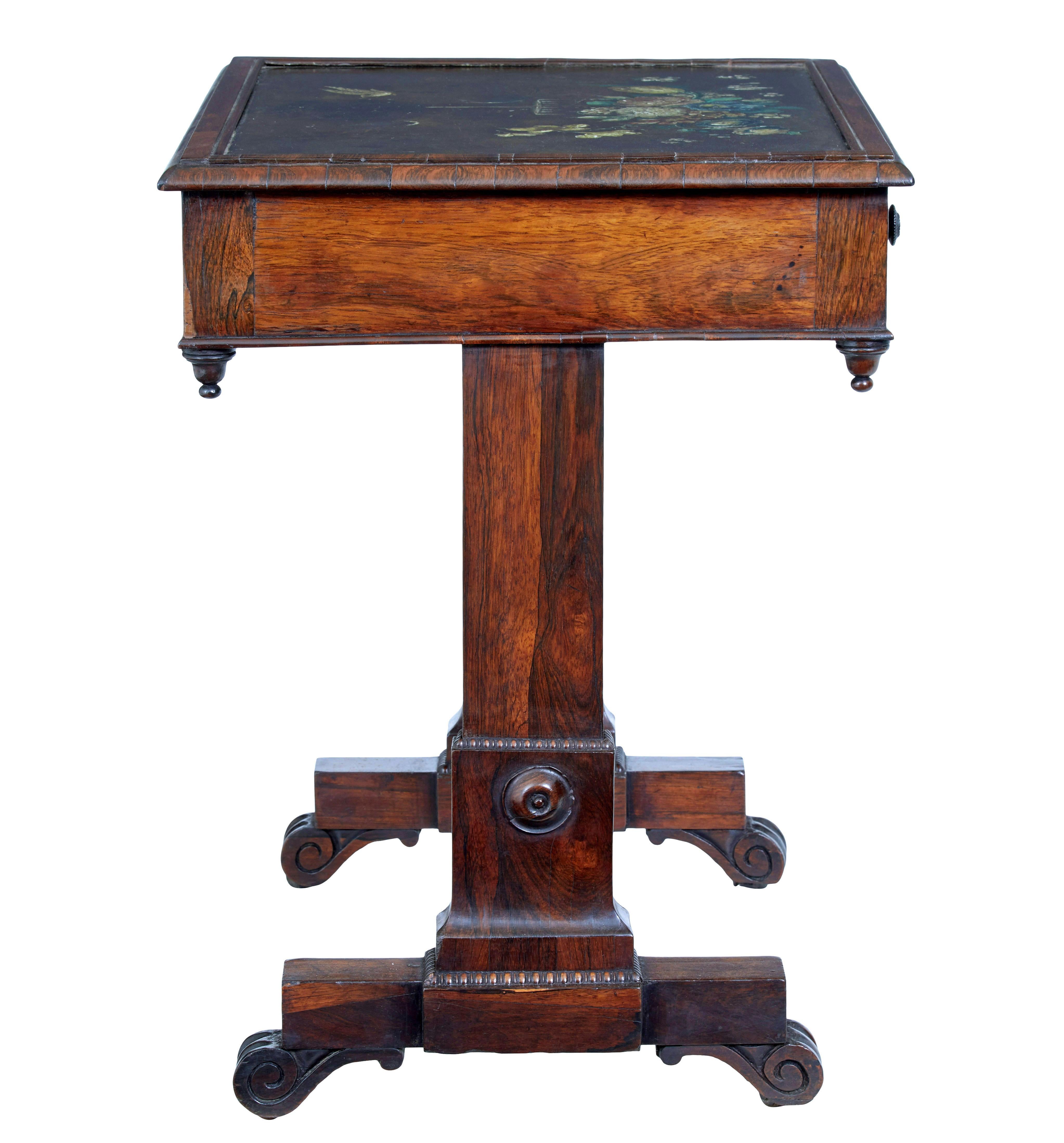 Early 19th Century Regency palisander painted slate top side table circa 1820.

Unusual side table fitted with a hand painted slate top. Hand painted floral arrangement with exotic birds. Underneath the top a single drawer fitted with