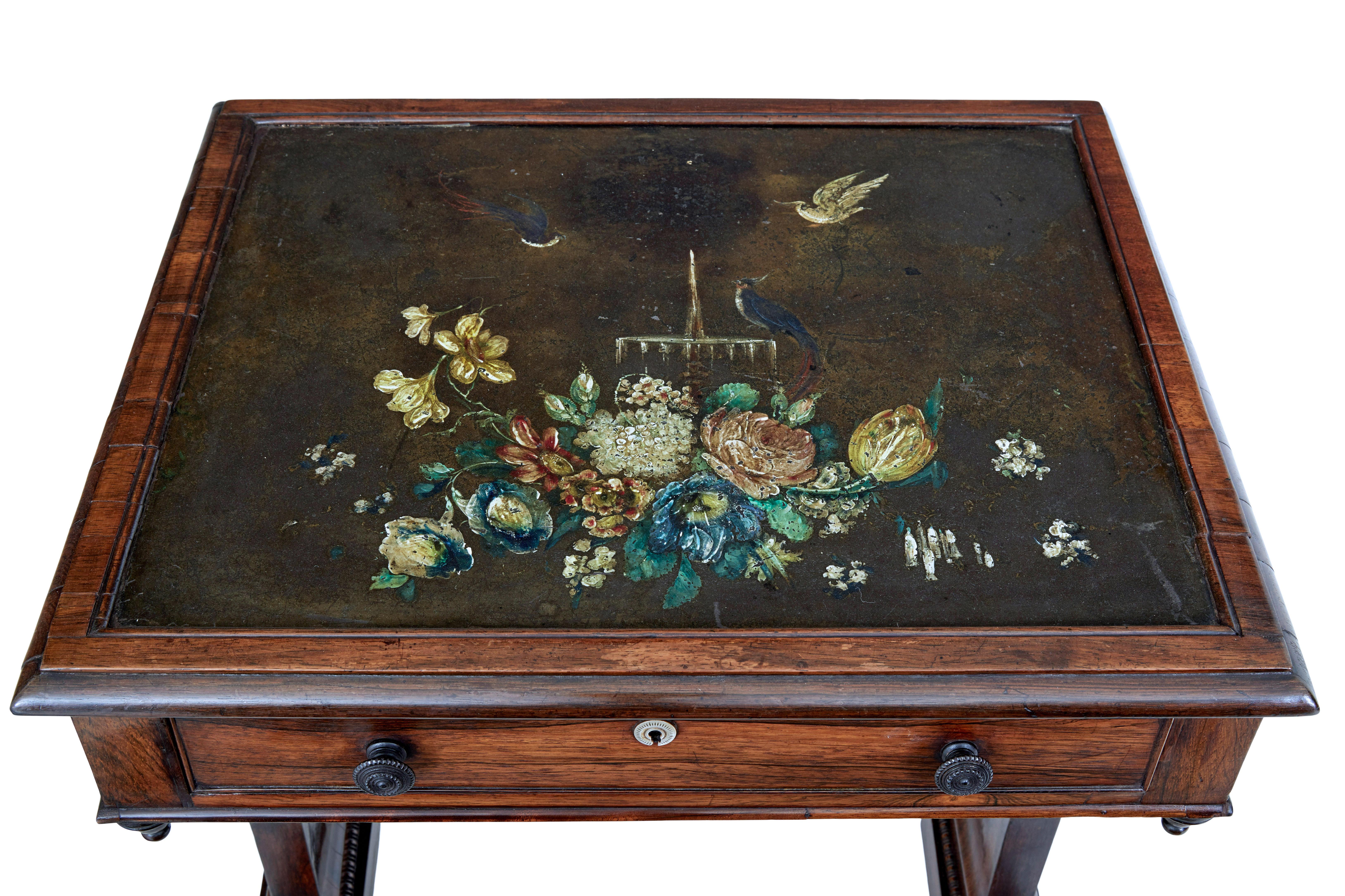 Early 19th century regency palisander painted slate top side table circa 1820.

Unusual side table fitted with a hand painted slate top. Hand painted floral arrangement with exotic birds. Underneath the top a single drawer fitted with