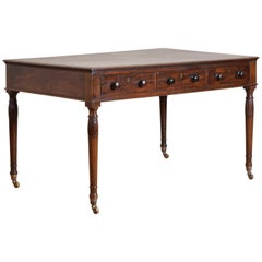 Antique Early 19th Century Regency Partner's Walnut and Leather 6-Drawer Writing Table