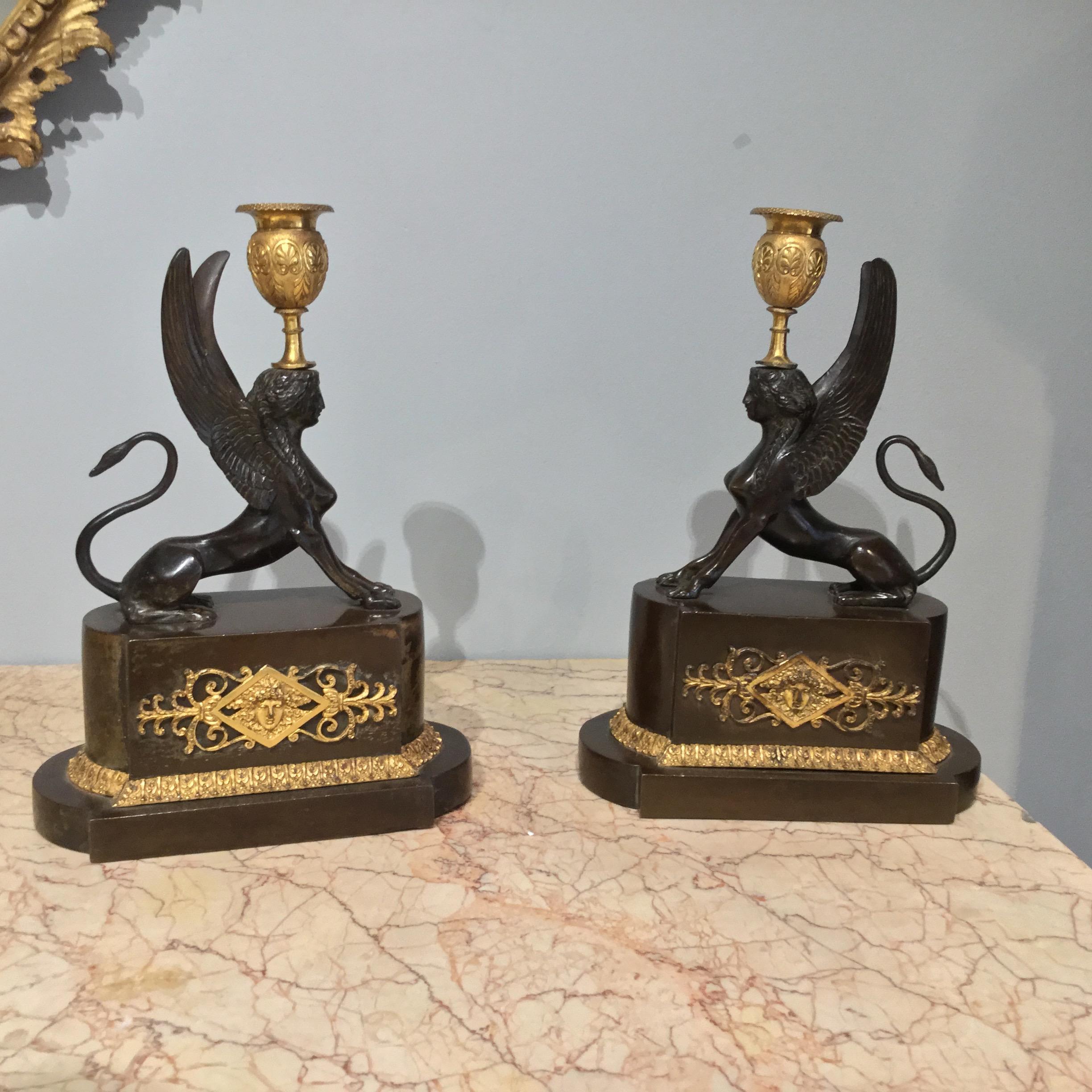 English Early 19th Century Regency Period Bronze and Ormolu Griffins Candlesticks