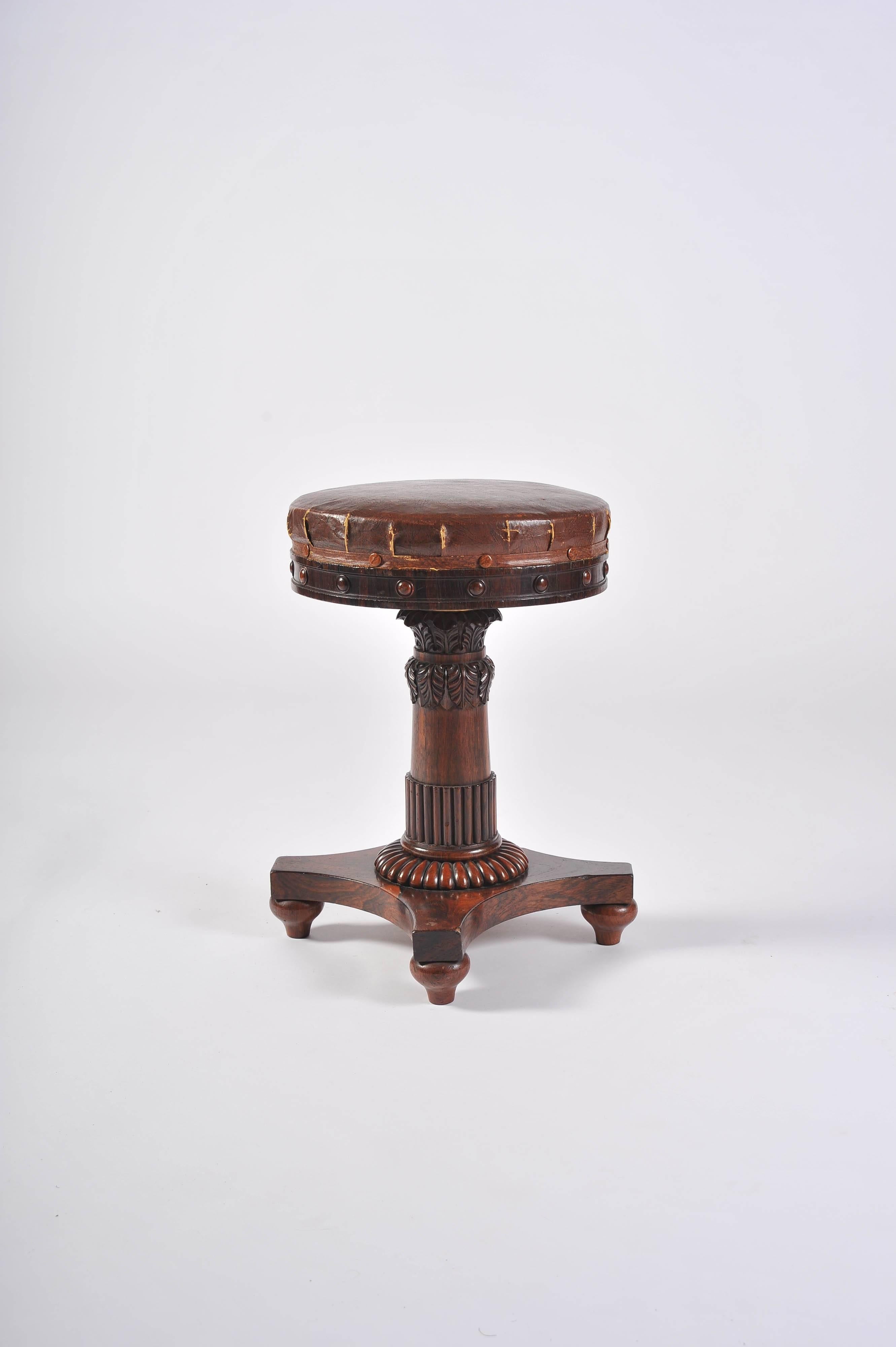 English 19th Century Music Stool, Regency Period, Carved Rosewood and Steel For Sale