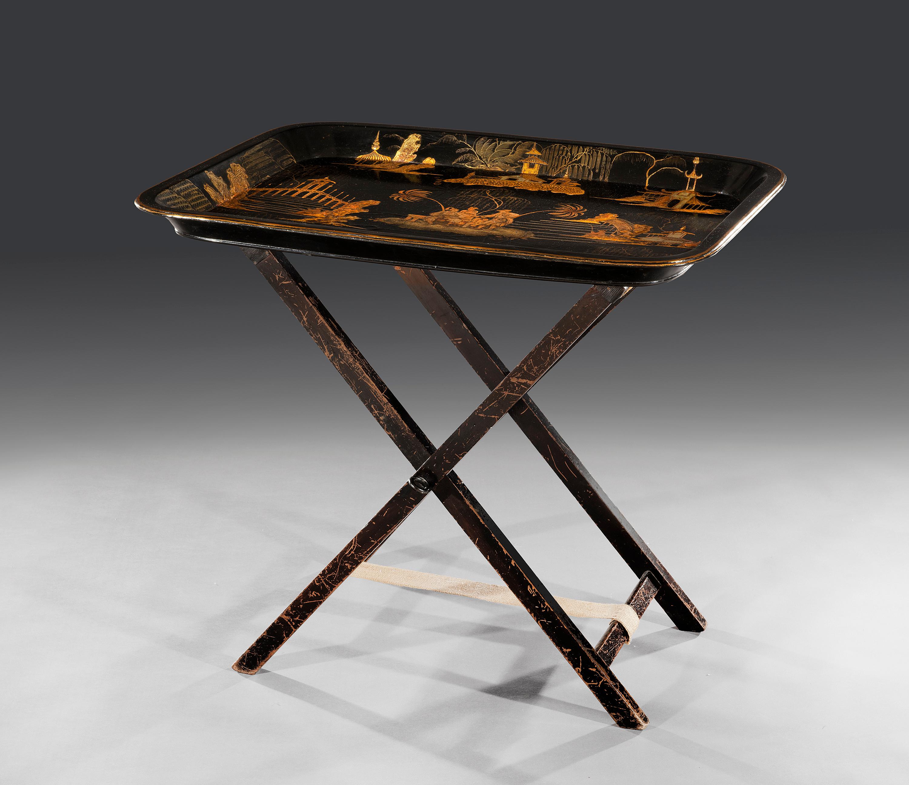 British Early 19th Century Regency Period Chinoiserie Lacquered Tray on Stand For Sale