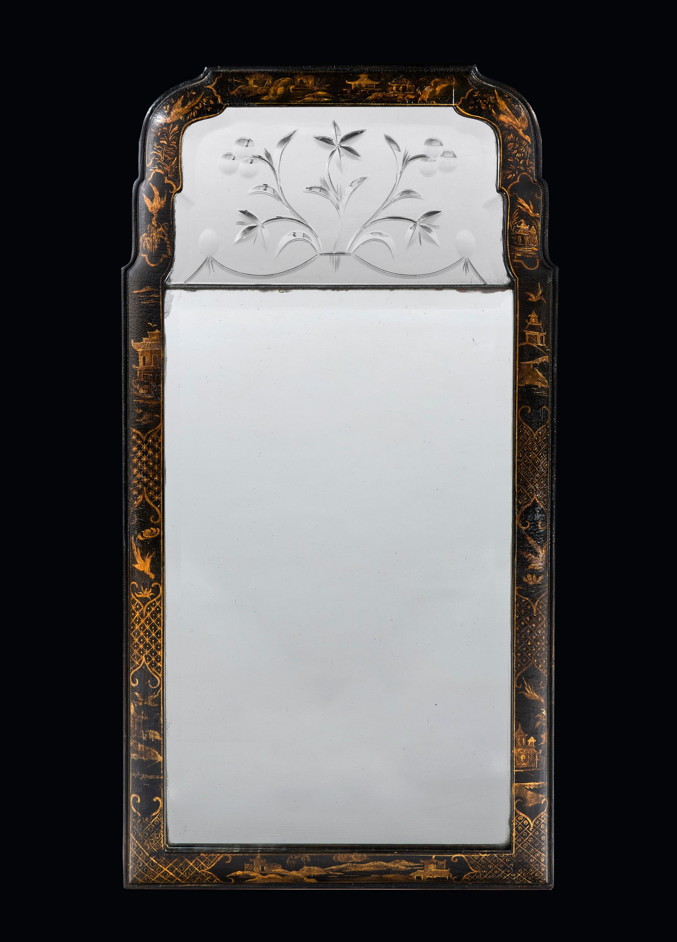 Early 19th century Regency period chinoiserie mirror with original etched plate.