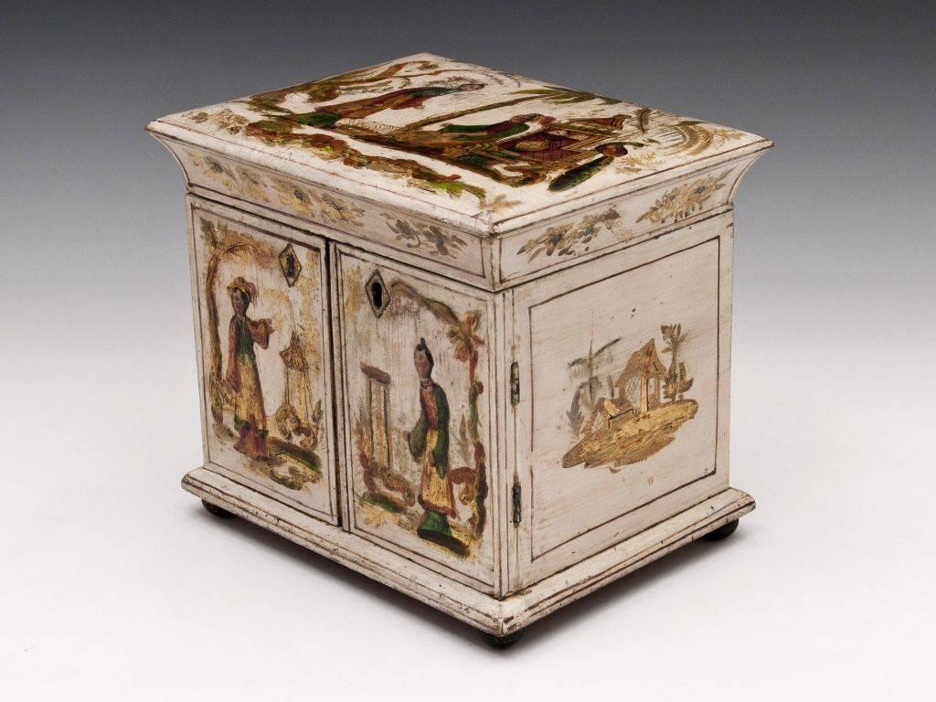 Early 19th Century Regency Period Cream and Gilt Japanned Sewing Cabinet For Sale 2
