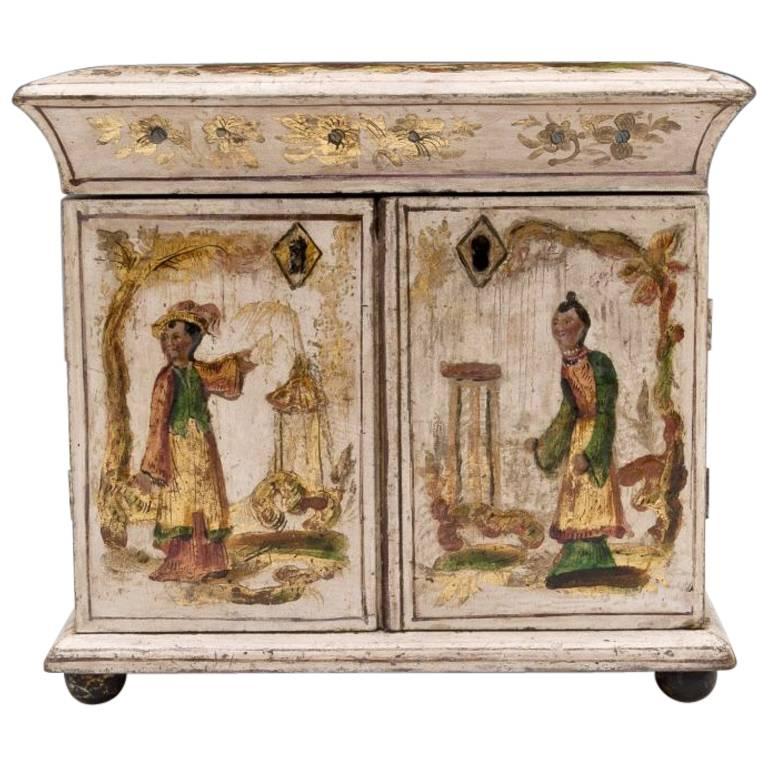 Early 19th Century Regency Period Cream and Gilt Japanned Sewing Cabinet For Sale