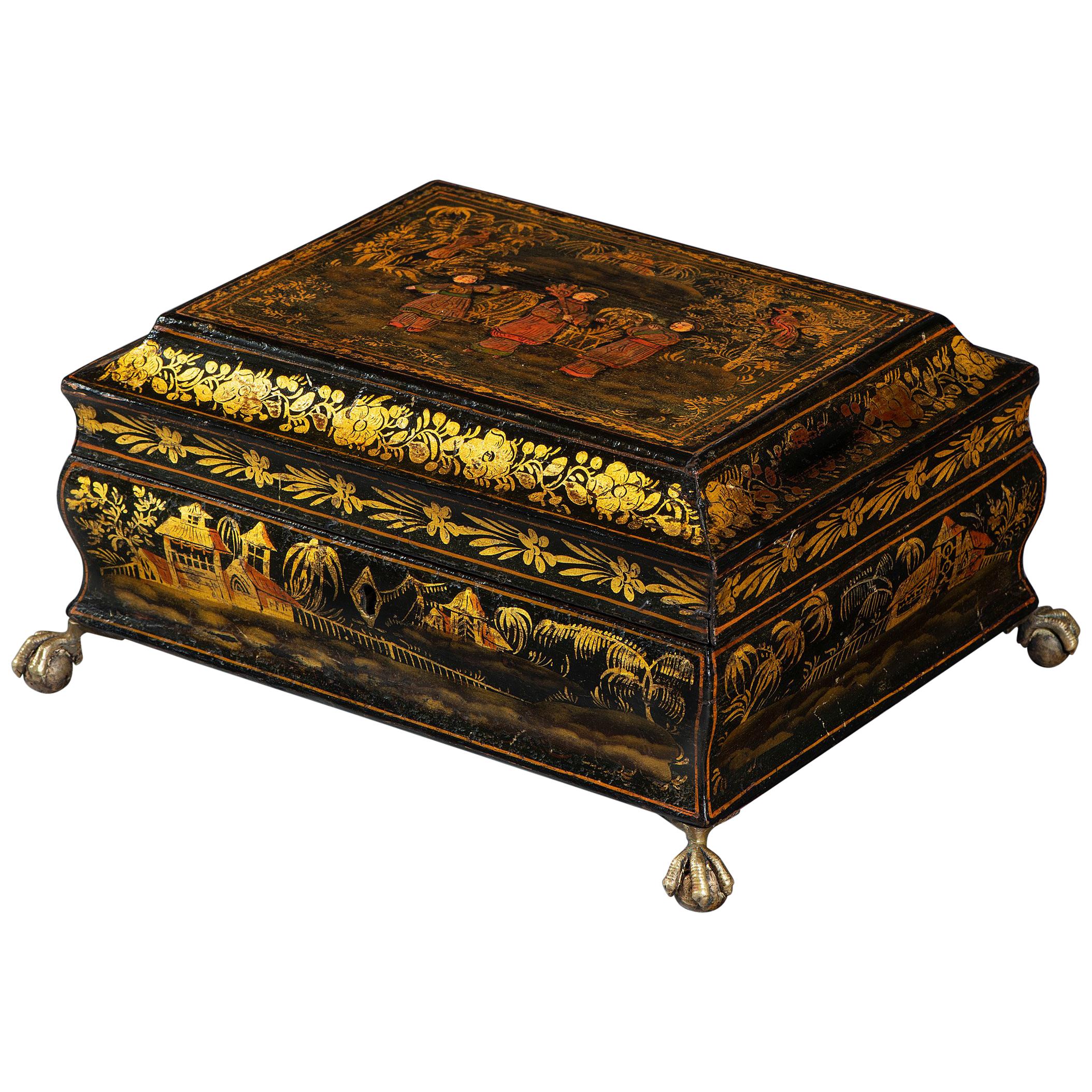 Early 19th Century Regency Period Japanned and Chinoiserie Lacquered Casket For Sale