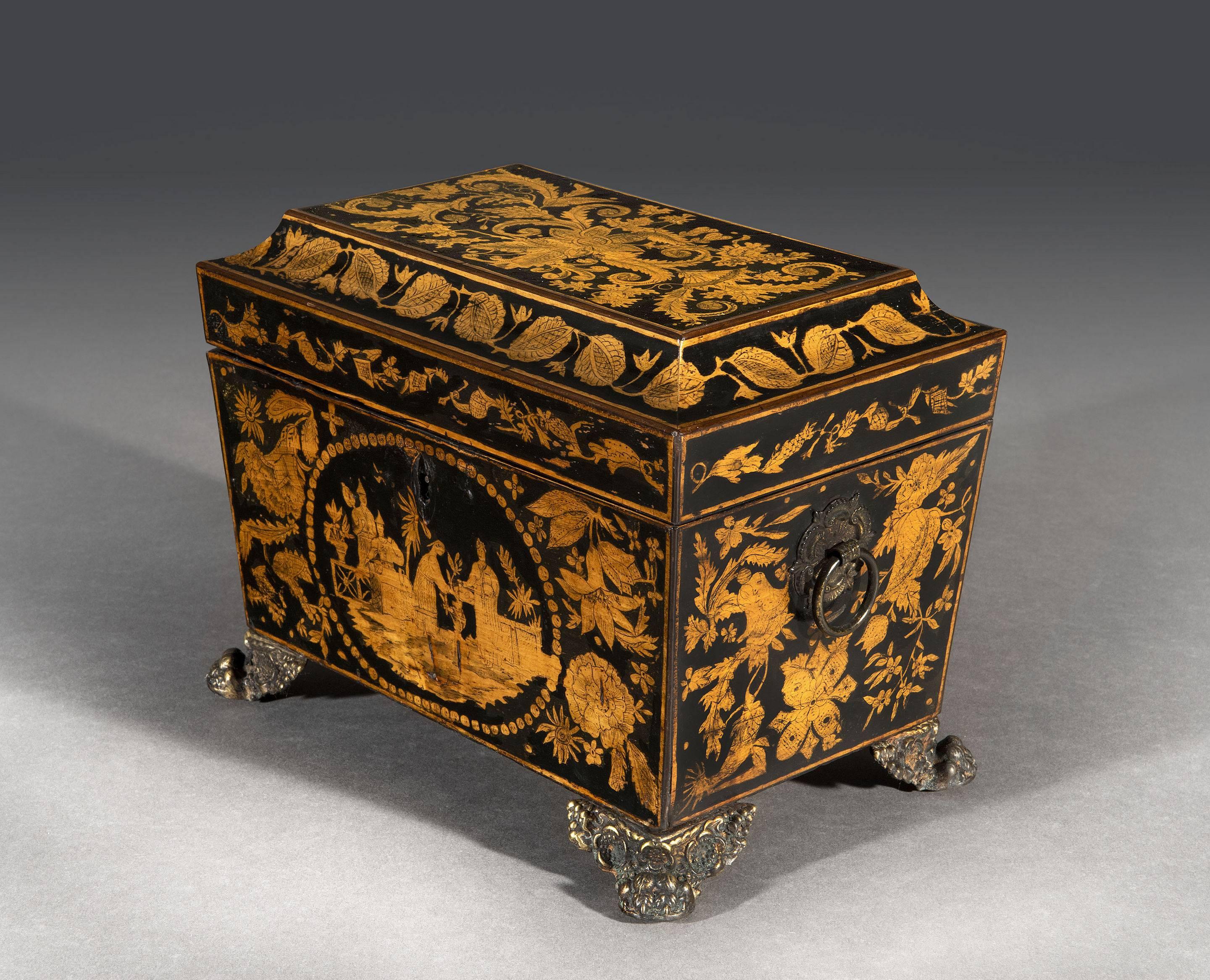 The tea chest has floral designs and on the front it has naive Chinese style figures drinking and serving tea.
