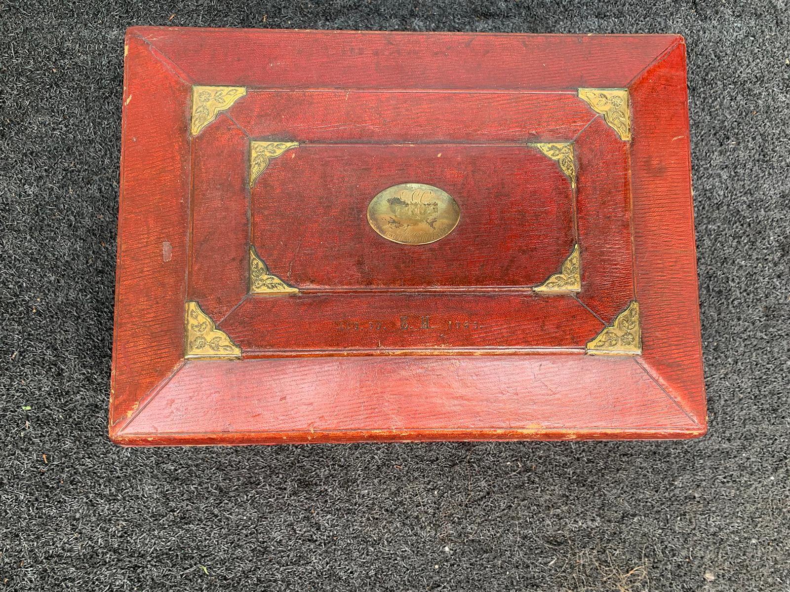 Early 19th Century Regency Red Leather Chinoiserie Sewing Box, Initialed & Dated For Sale 4