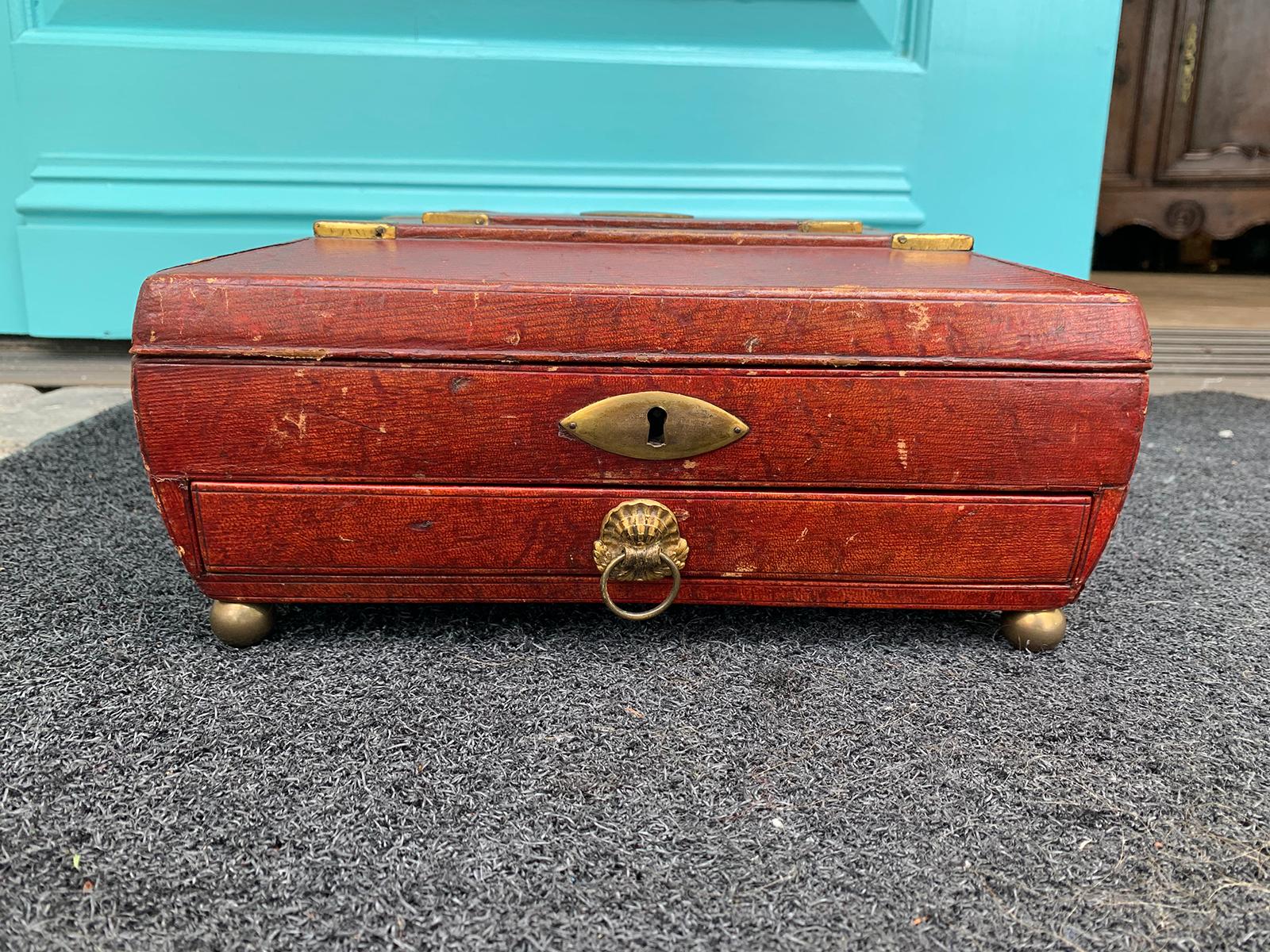 Early 19th Century Regency Red Leather Chinoiserie Sewing Box, Initialed & Dated For Sale 6