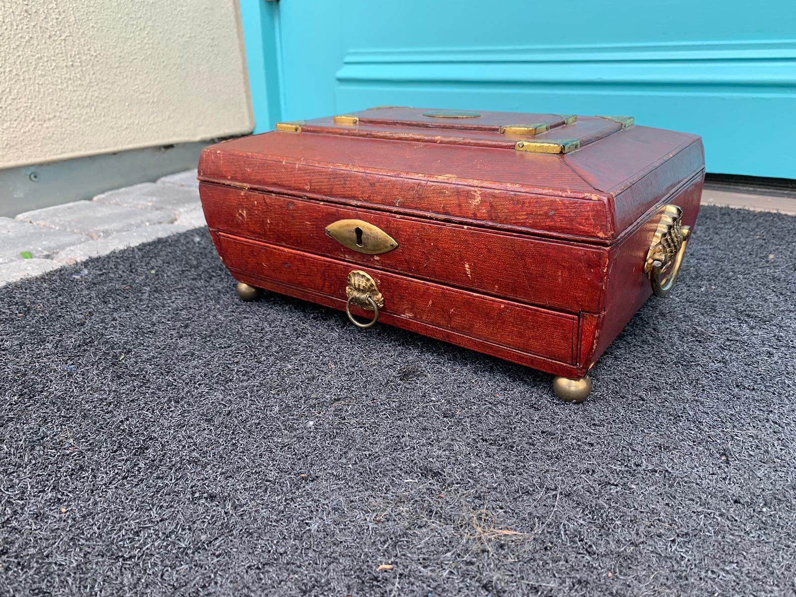 Early 19th Century Regency Red Leather Chinoiserie Sewing Box, Initialed & Dated For Sale 8