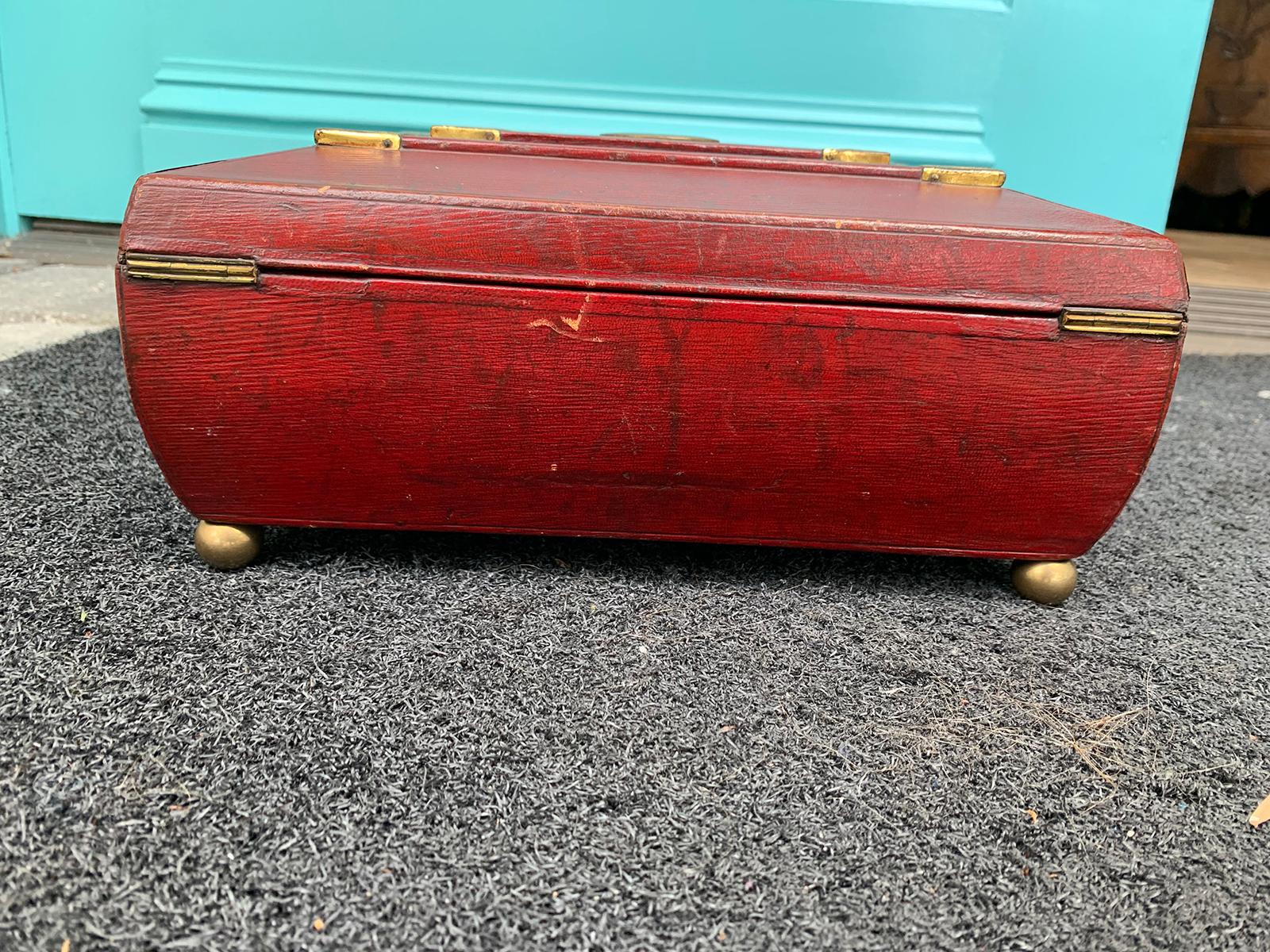 Early 19th Century Regency Red Leather Chinoiserie Sewing Box, Initialed & Dated For Sale 9